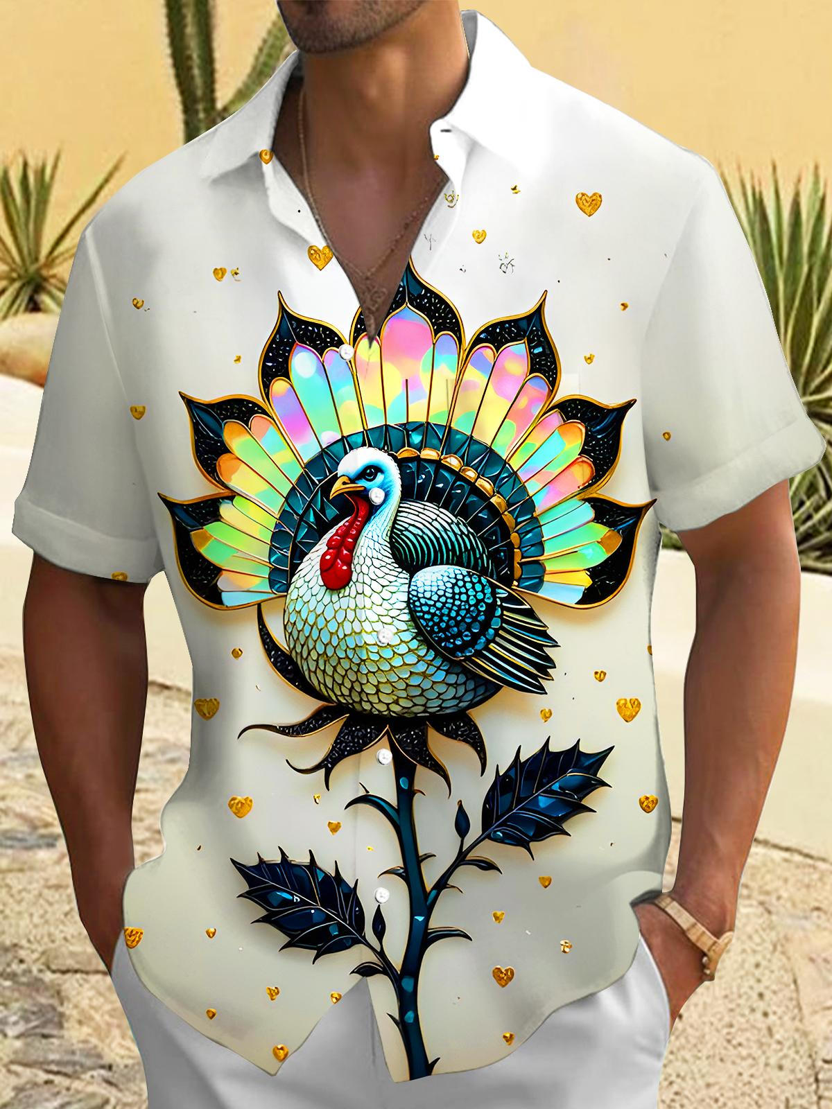 Fun Turkey Floral Men's Pocket Short Sleeve Shirts