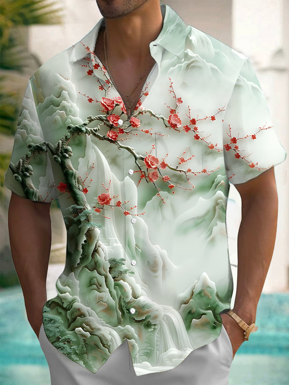 Floral Print Men's Pocket Short Sleeve Shirts