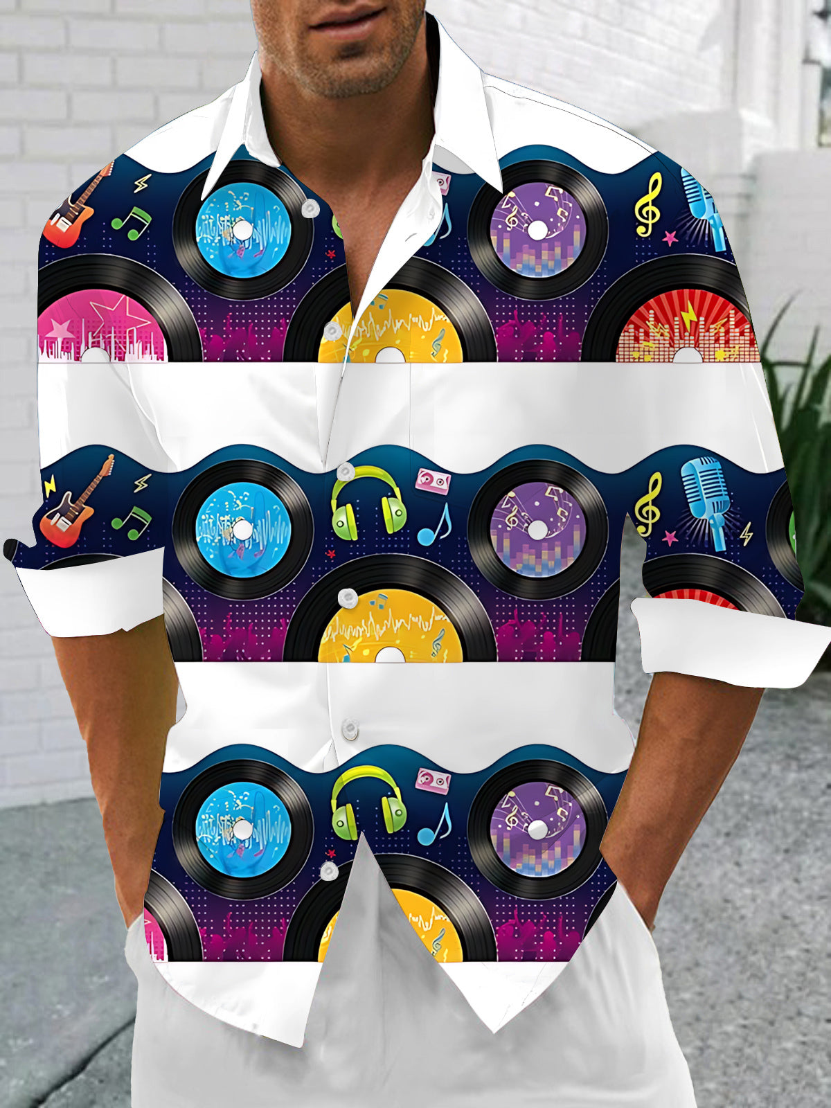 Music Record Guitar Headphones Print Men's Pocket Long Sleeve Shirts