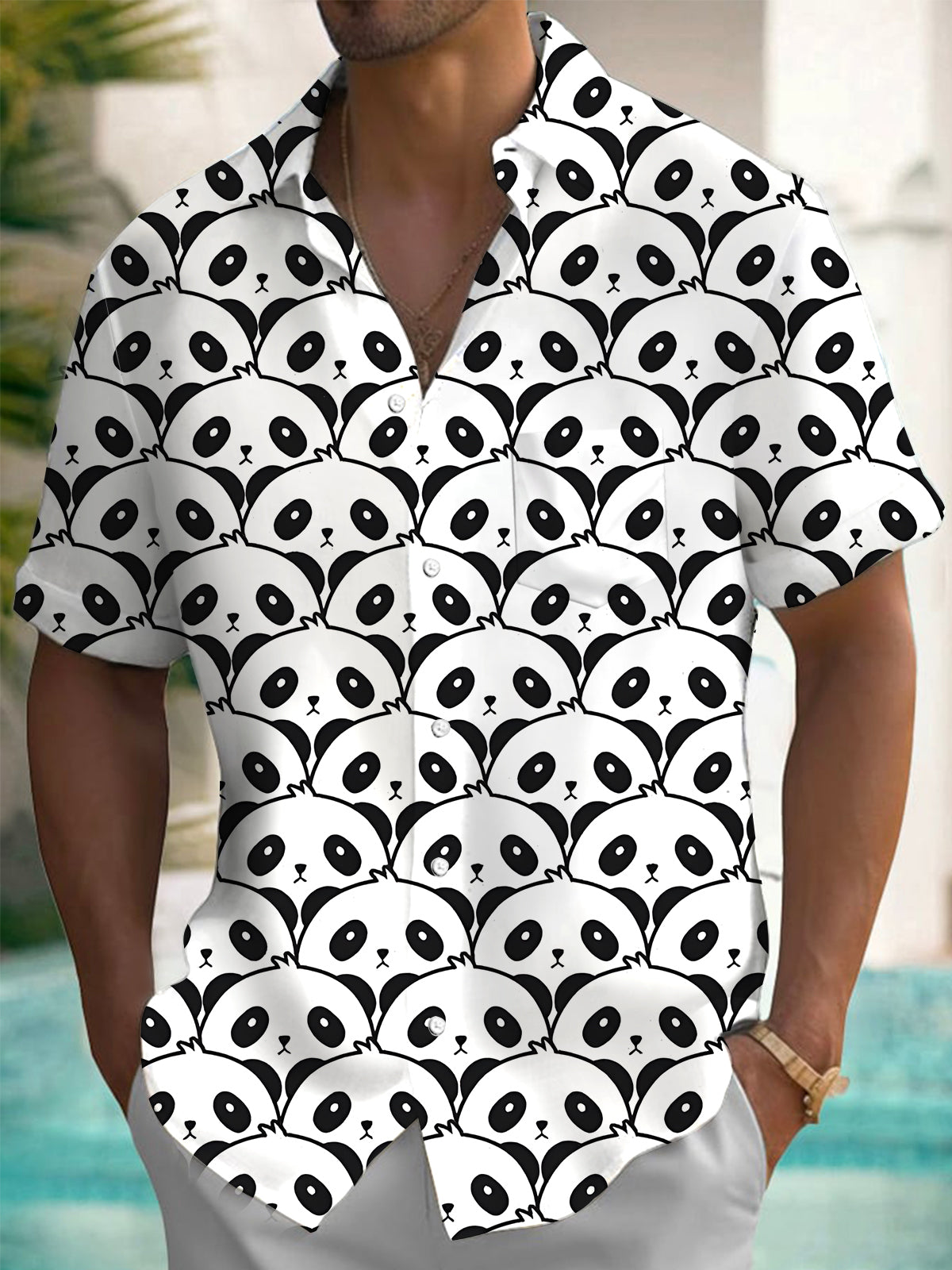 Panda Print Men's Pocket Short Sleeve Shirts