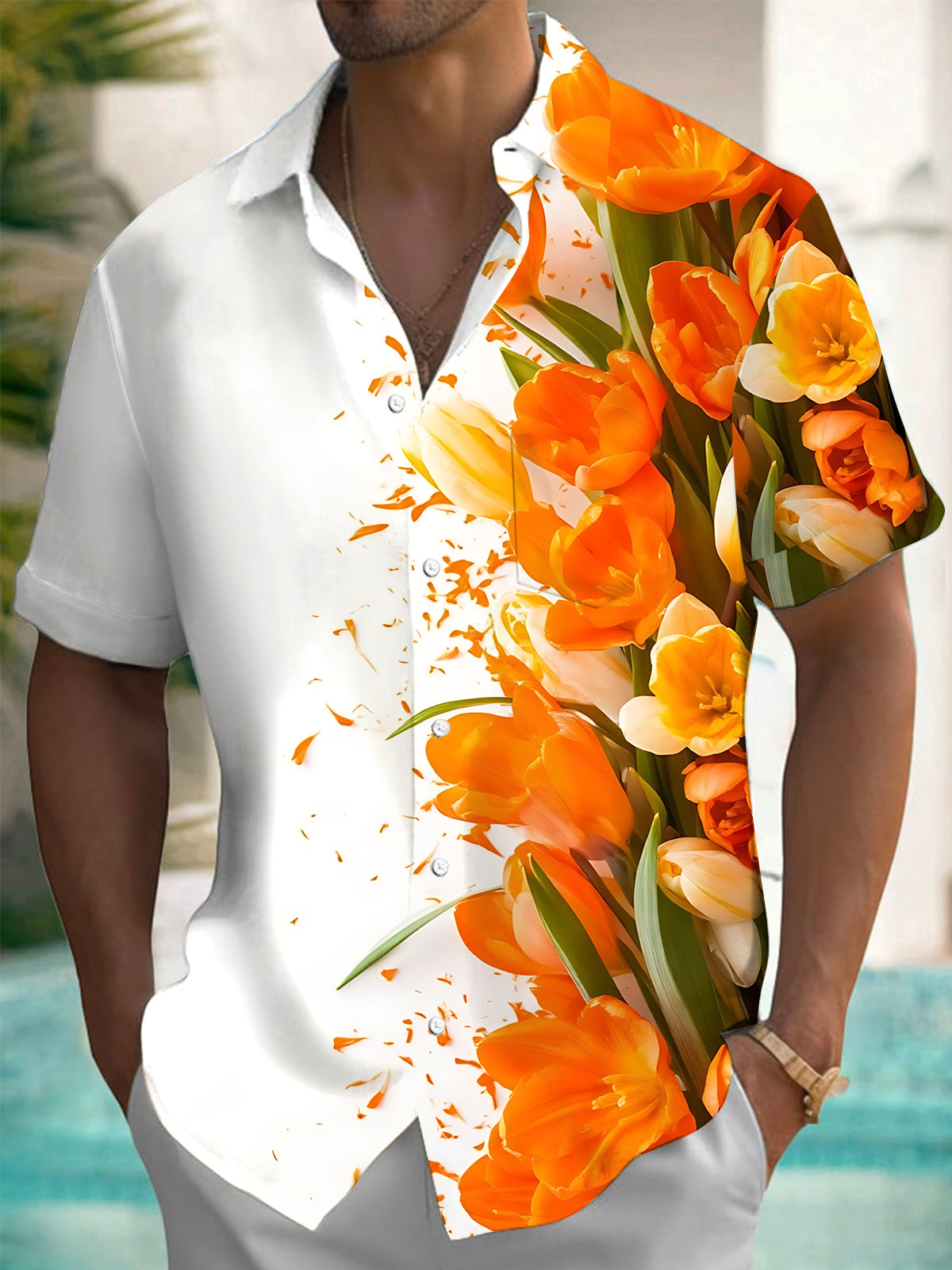 Floral Print Men's Pocket Short Sleeve Shirts