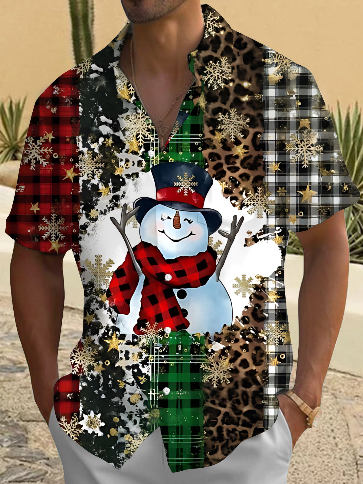Christmas Snowman Print Men's Pocket Short Sleeve Shirts