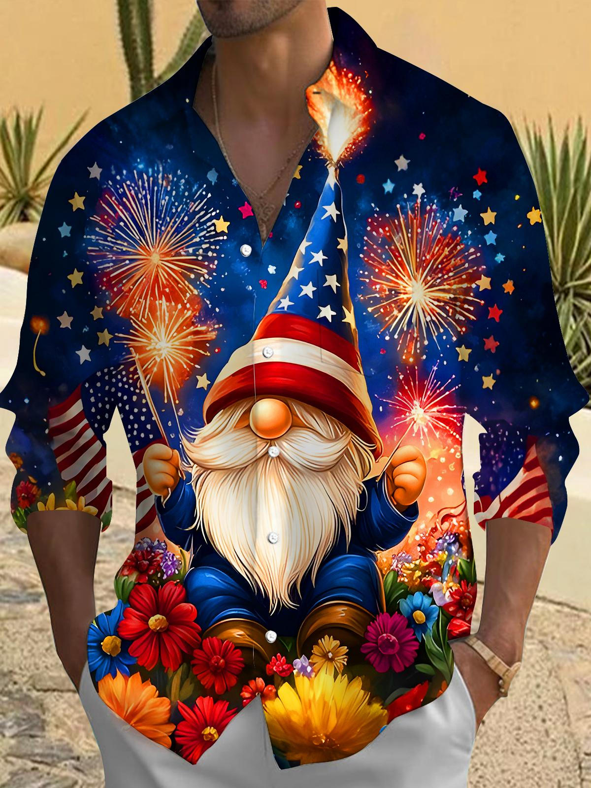Fun Stars Flags Dwarf Setting Off Fireworks Men's Pocket Long Sleeve Shirts