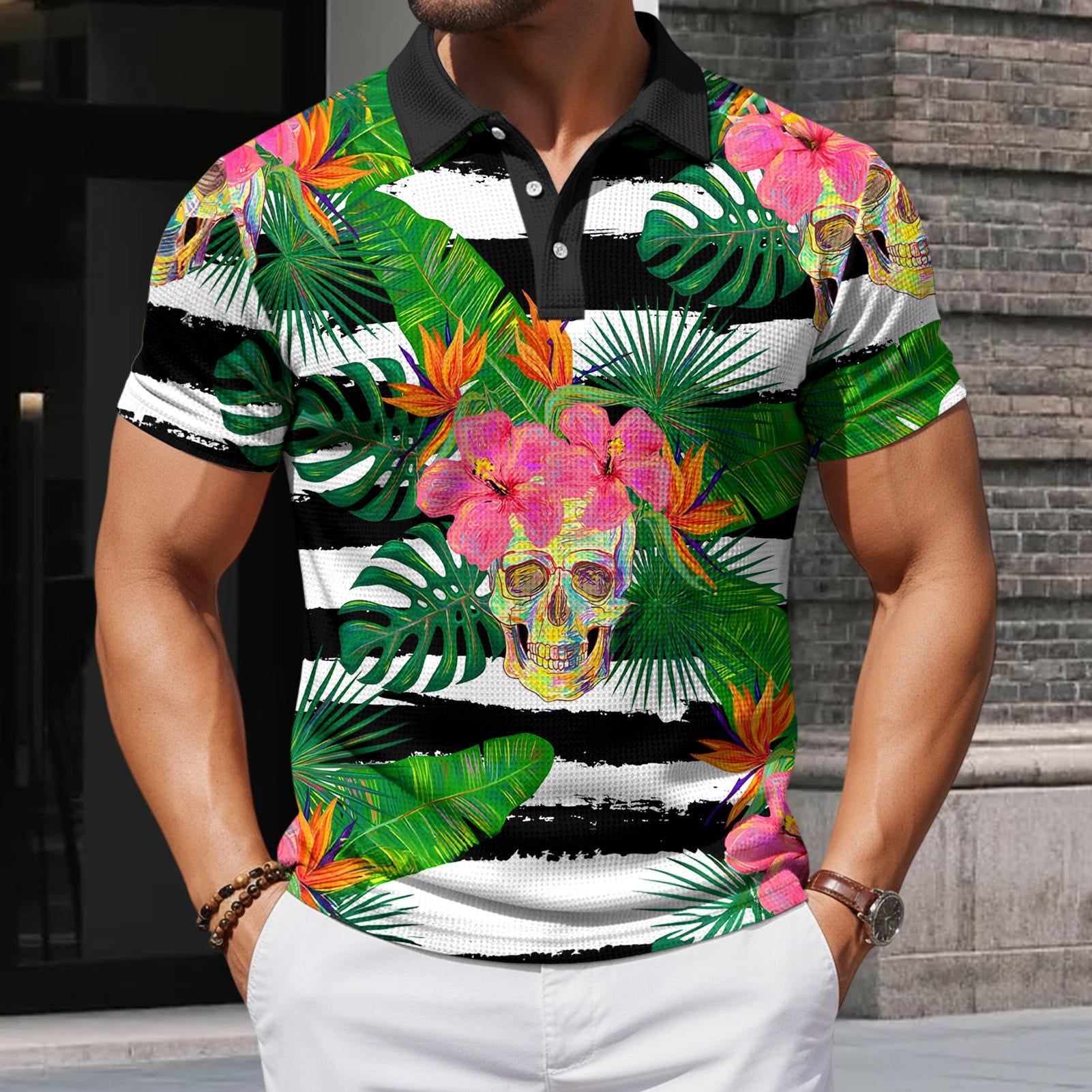Skull Collared Tee Shirt for Men Waffle Floral Summer Short Sleeve Fashion Button Graphic Tee Shirt for Beach consistent