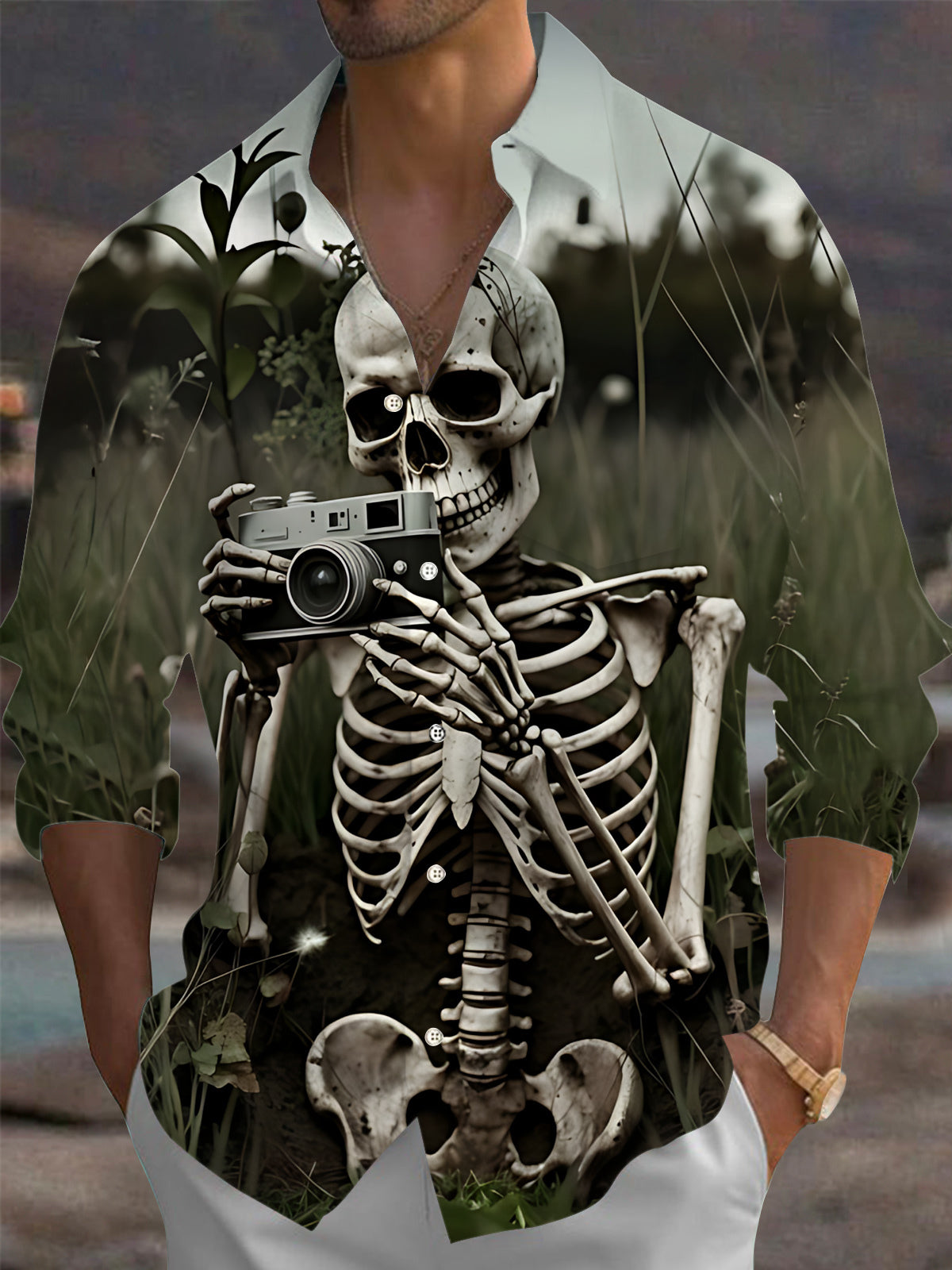 Skull Photographer Print Men's Pocket Long Sleeve Shirts