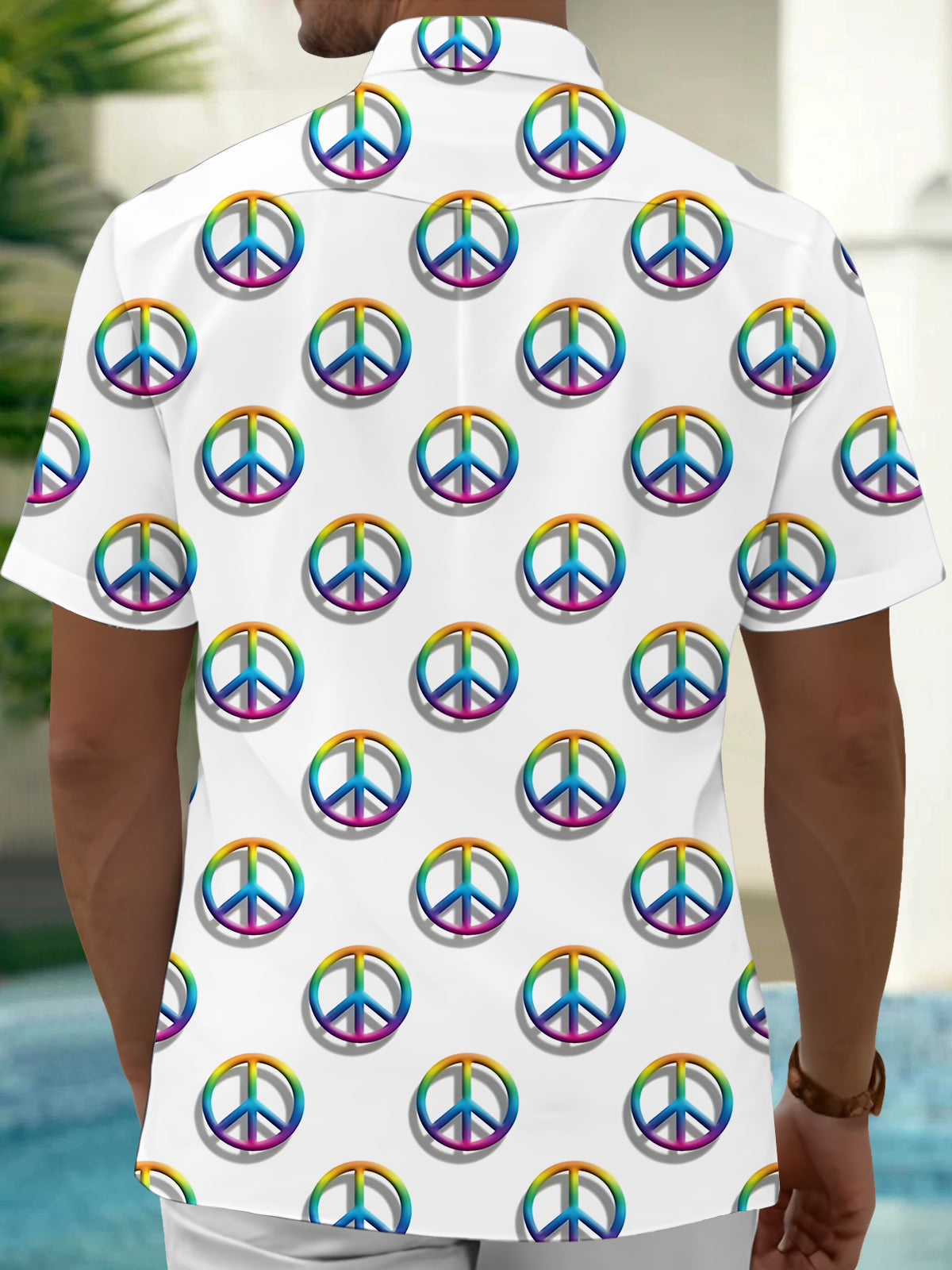 Peace Sign Print Men's Pocket Short Sleeve Shirts
