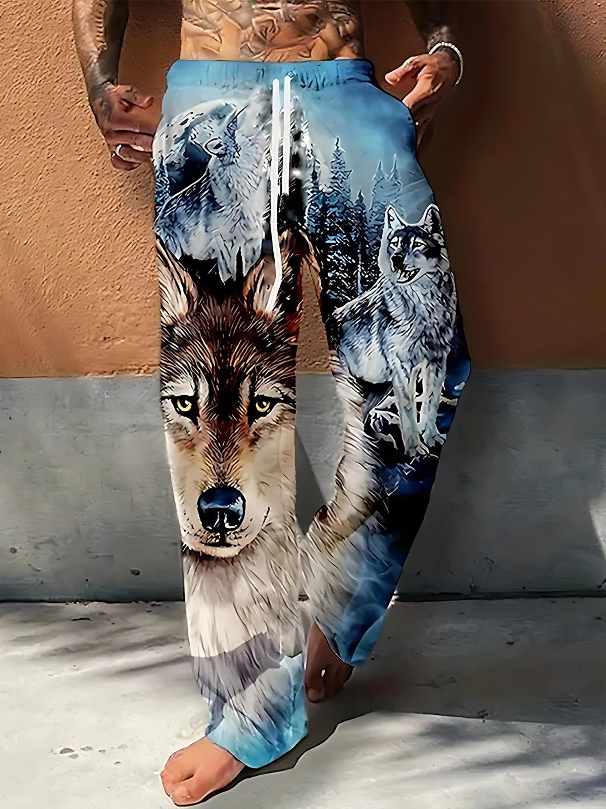 Animal Wolf Print Men's Casual Elastic Waist Pants