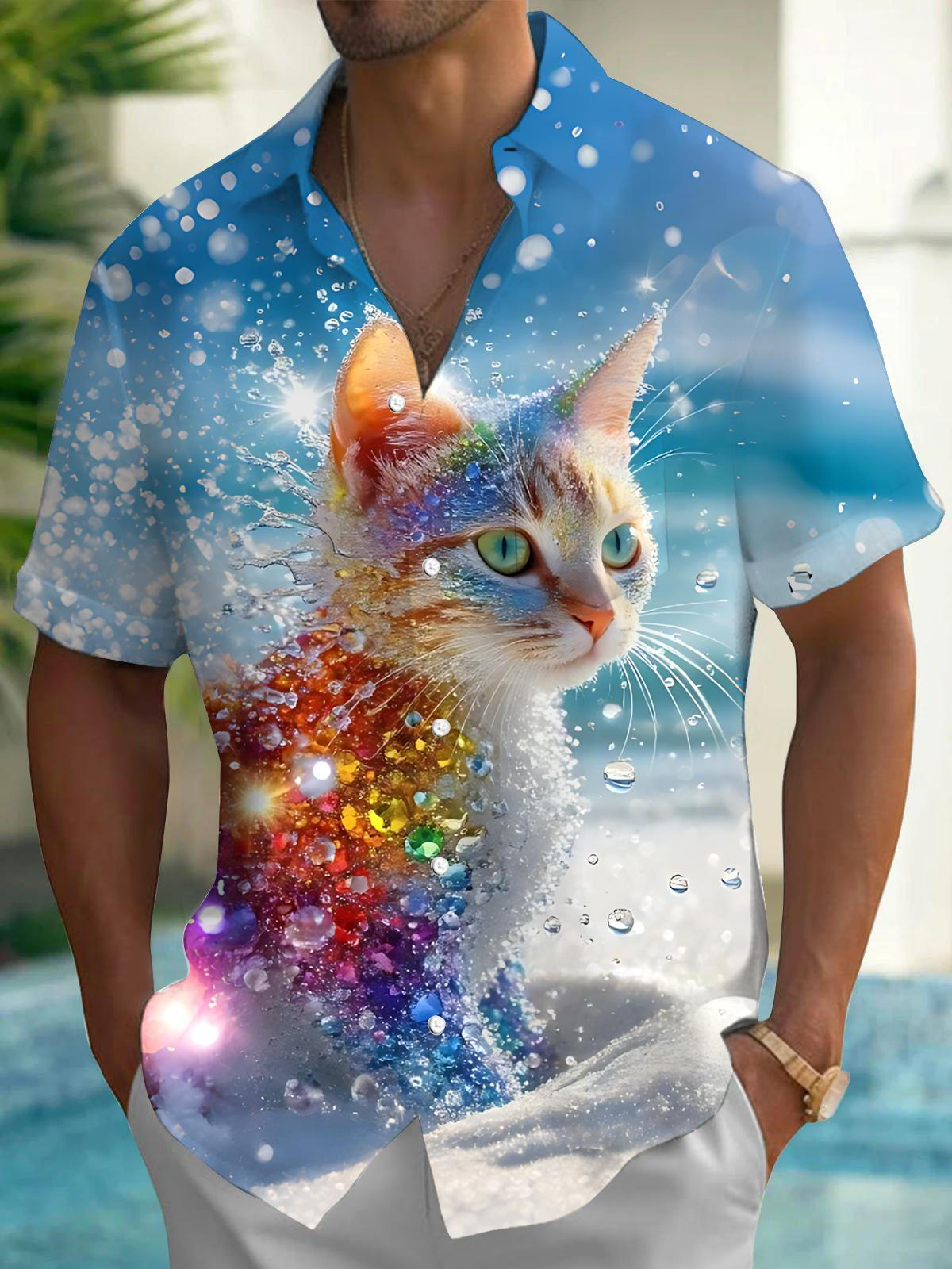 Cat Print Men's Pocket Short Sleeve Shirts