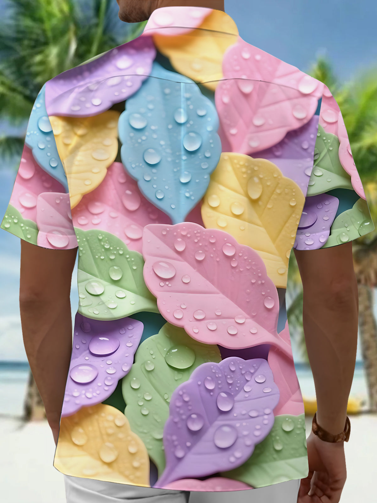 Colorful Leaf Print Men's Pocket Short Sleeve Shirts