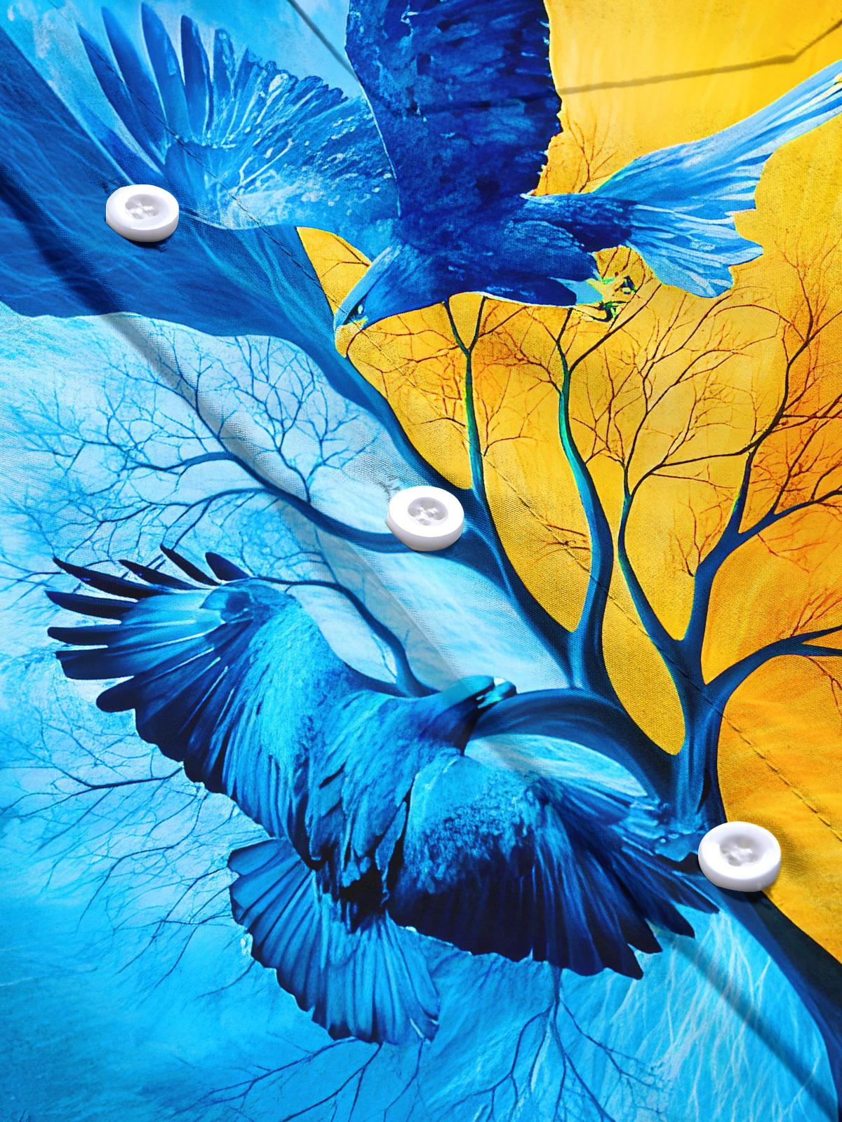 Art Blue Eagle Color-Blocked Tree Men's Pocket Long Sleeve Shirts