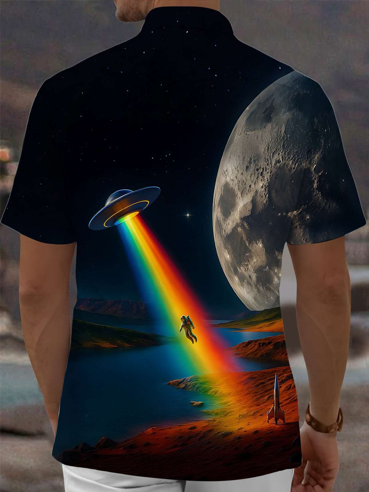 Space Rocket Spaceship Print Men's Pocket Short Sleeve Shirts