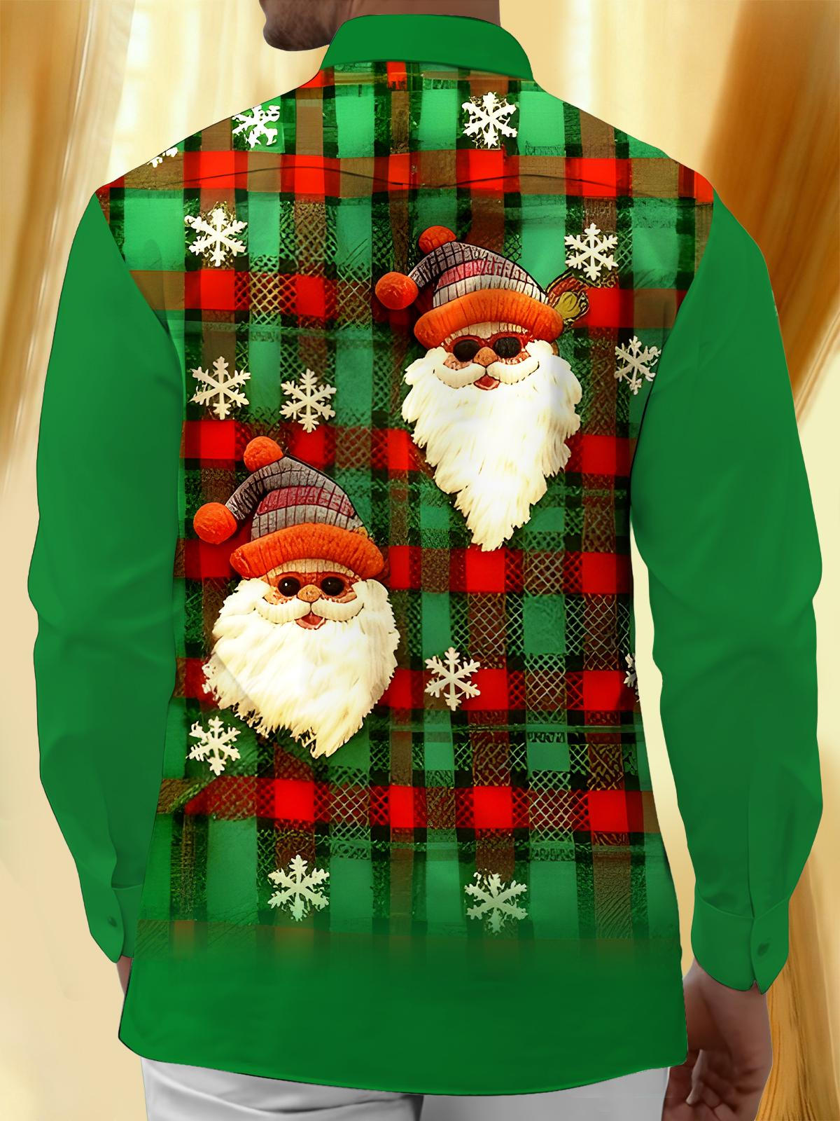 Fun Christmas Plaid Santa Claus Xmas Men's Pocket Long Sleeve Shirts