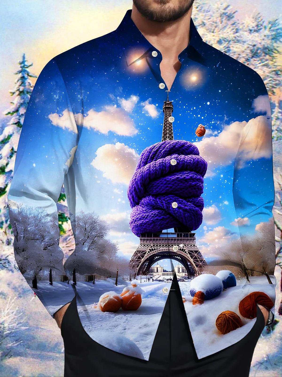 Fun Snow Scarf Eiffel Tower Men's Pocket Long Sleeve Shirts