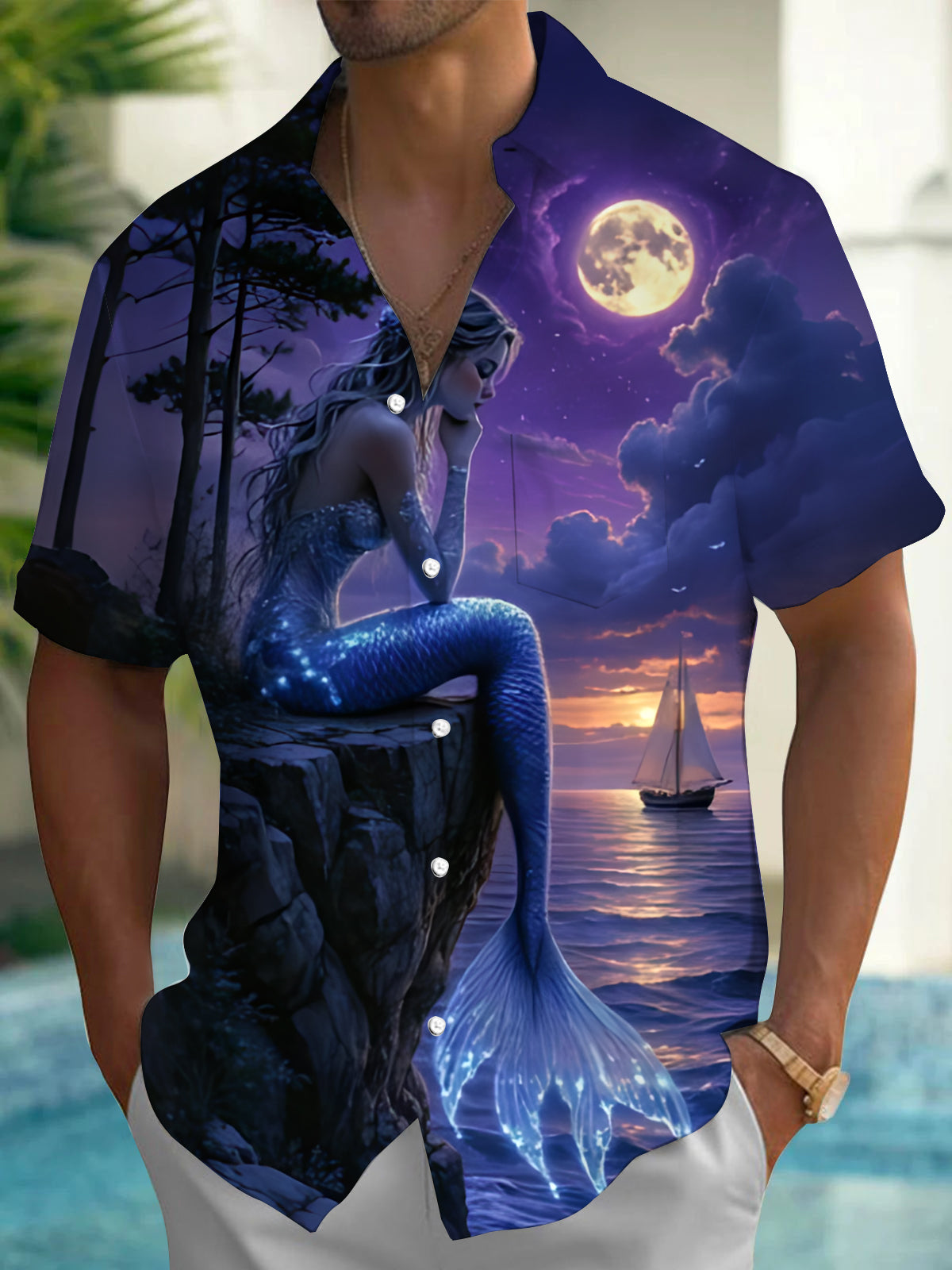 Mermaid Moon Boat Print Men's Pocket Short Sleeve Shirts