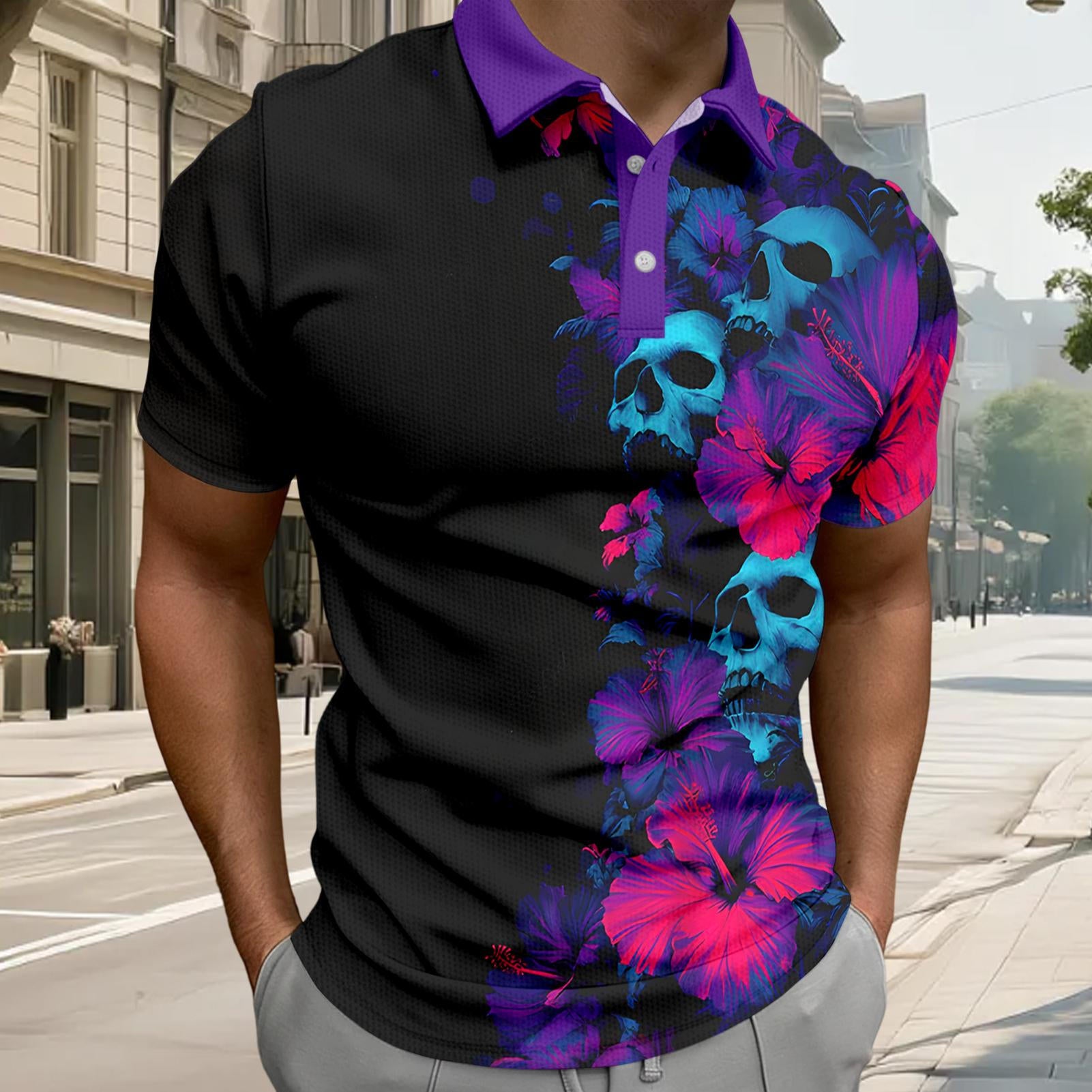 Skull Collared Tee Shirt for Men Waffle Floral Summer Short Sleeve Fashion Button Graphic Tee Shirt for Beach consistent
