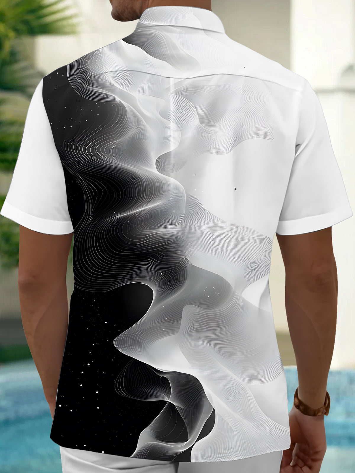 Gradient Line Print Men's Pocket Short Sleeve Shirts