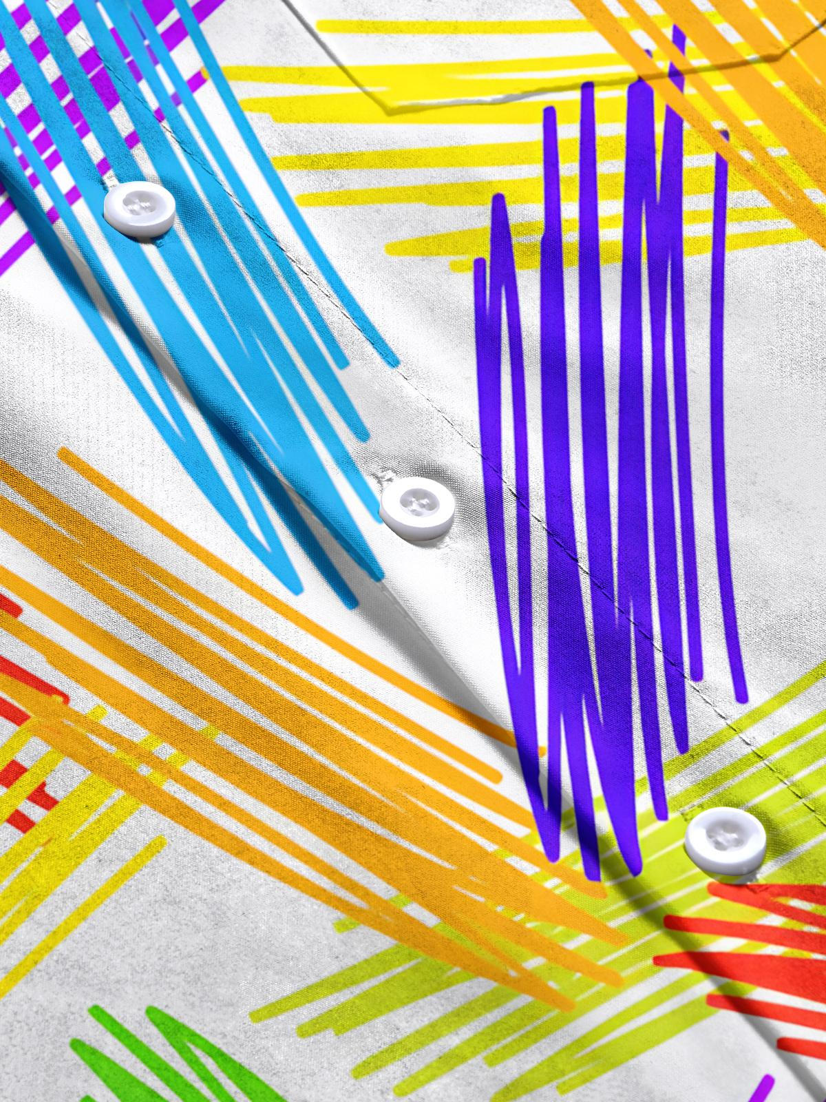 Colorful Geometric Line Print Men's Pocket Short Sleeve Shirts