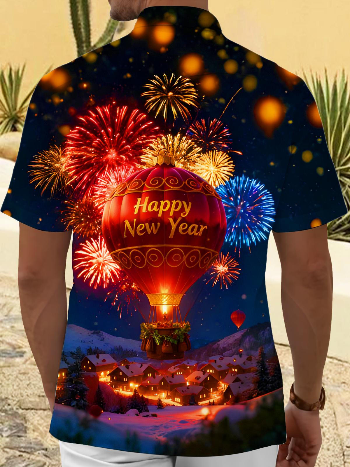 Festive New Year Hot Air Balloons Fireworks Men's Pocket Short Sleeve Shirts