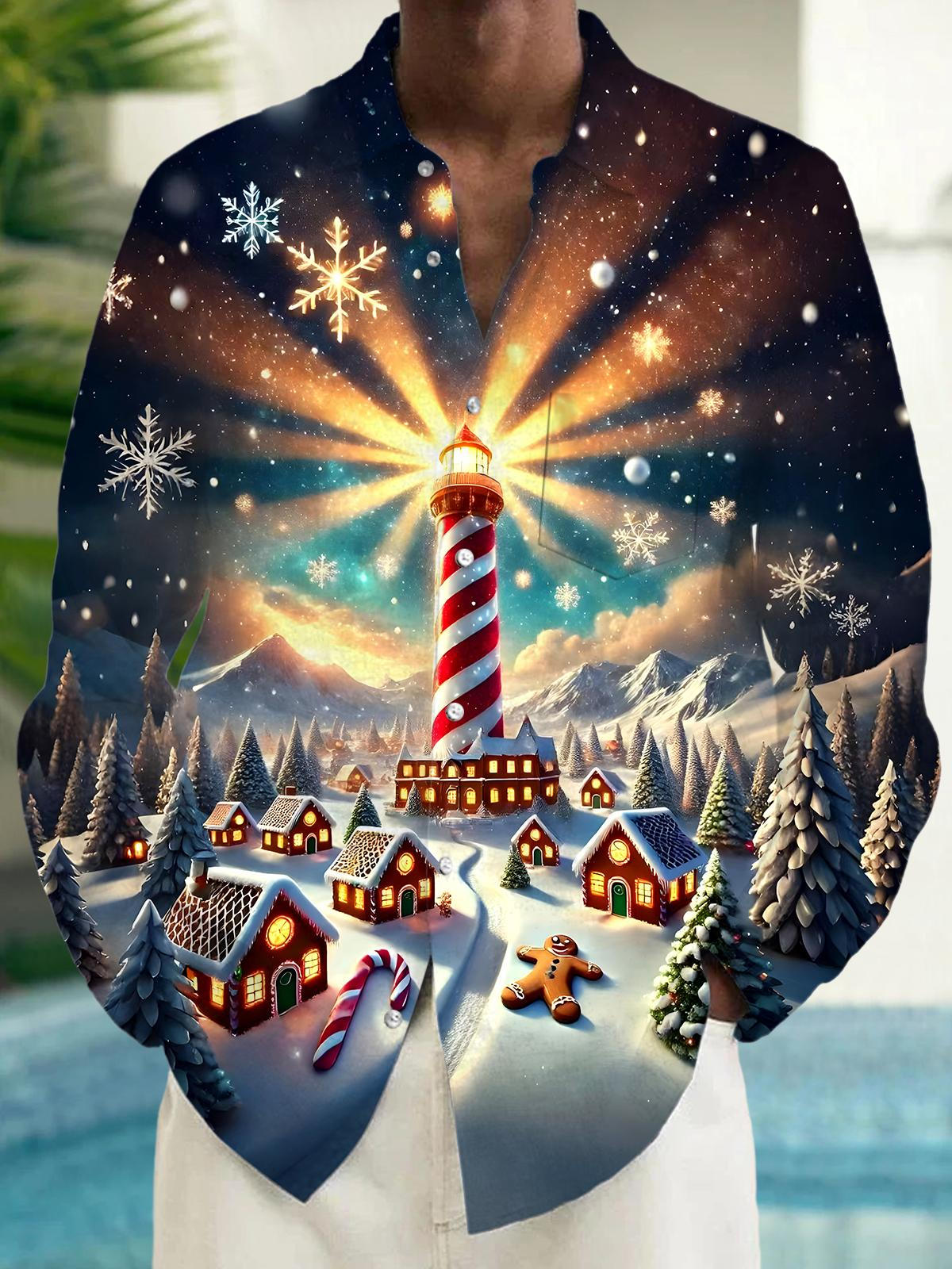 Christmas Lighthouse Men's Pocket Long Sleeve Shirts