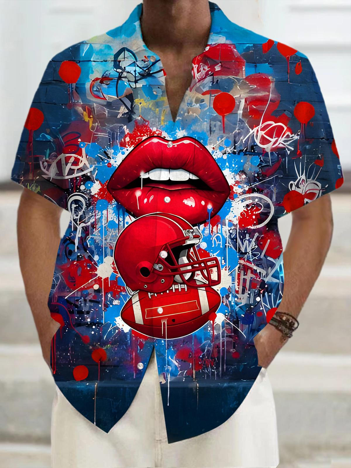 Art Graffiti Red Lips American Football Sports Men's Pocket Short Sleeve Shirts