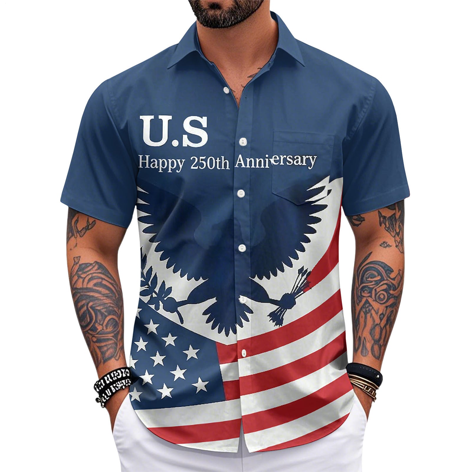 Patriotic Hawaiian Shirts for Men 250 Years Eagle Flag Patriotic Button Up Shirt Hawaiian Outfit for Parade sweetie