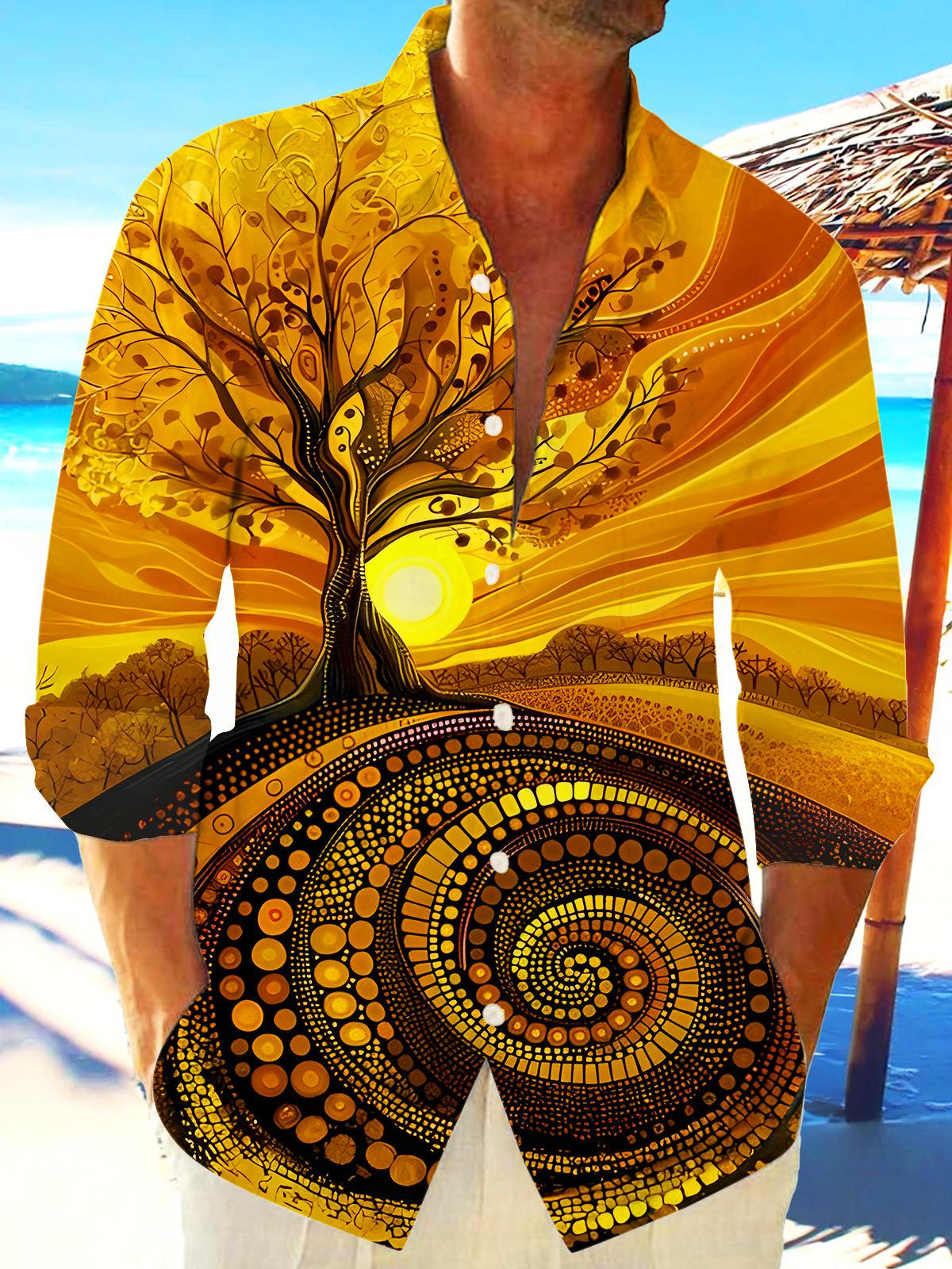 Art Golden Autumn Tree Sunset Swirl Men's Pocket Long Sleeve Shirts