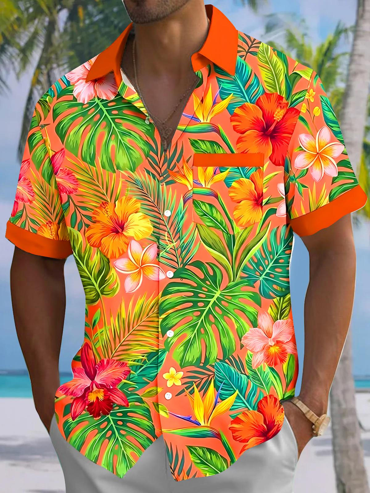 Hawaiian Plant Floral Men's Pocket Short Sleeve Shirts