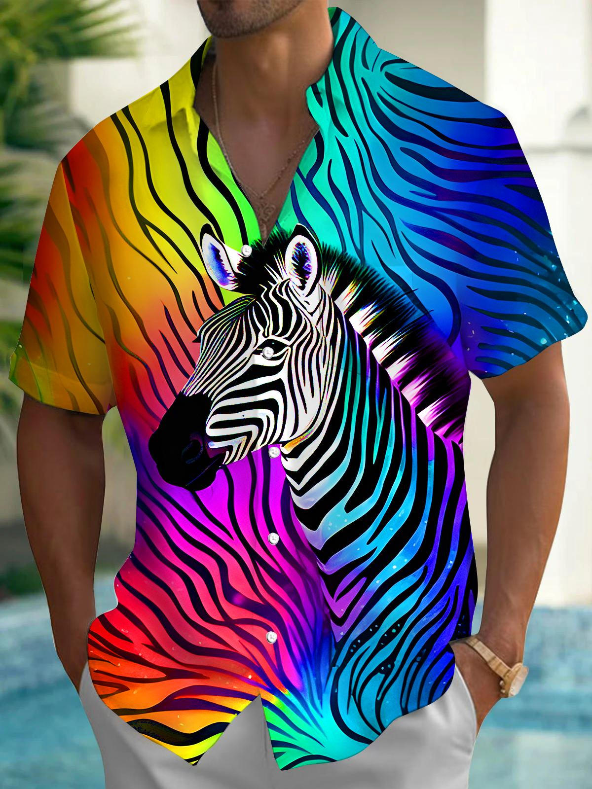 Rainbow Zebra Men's Pocket Short Sleeve Shirts