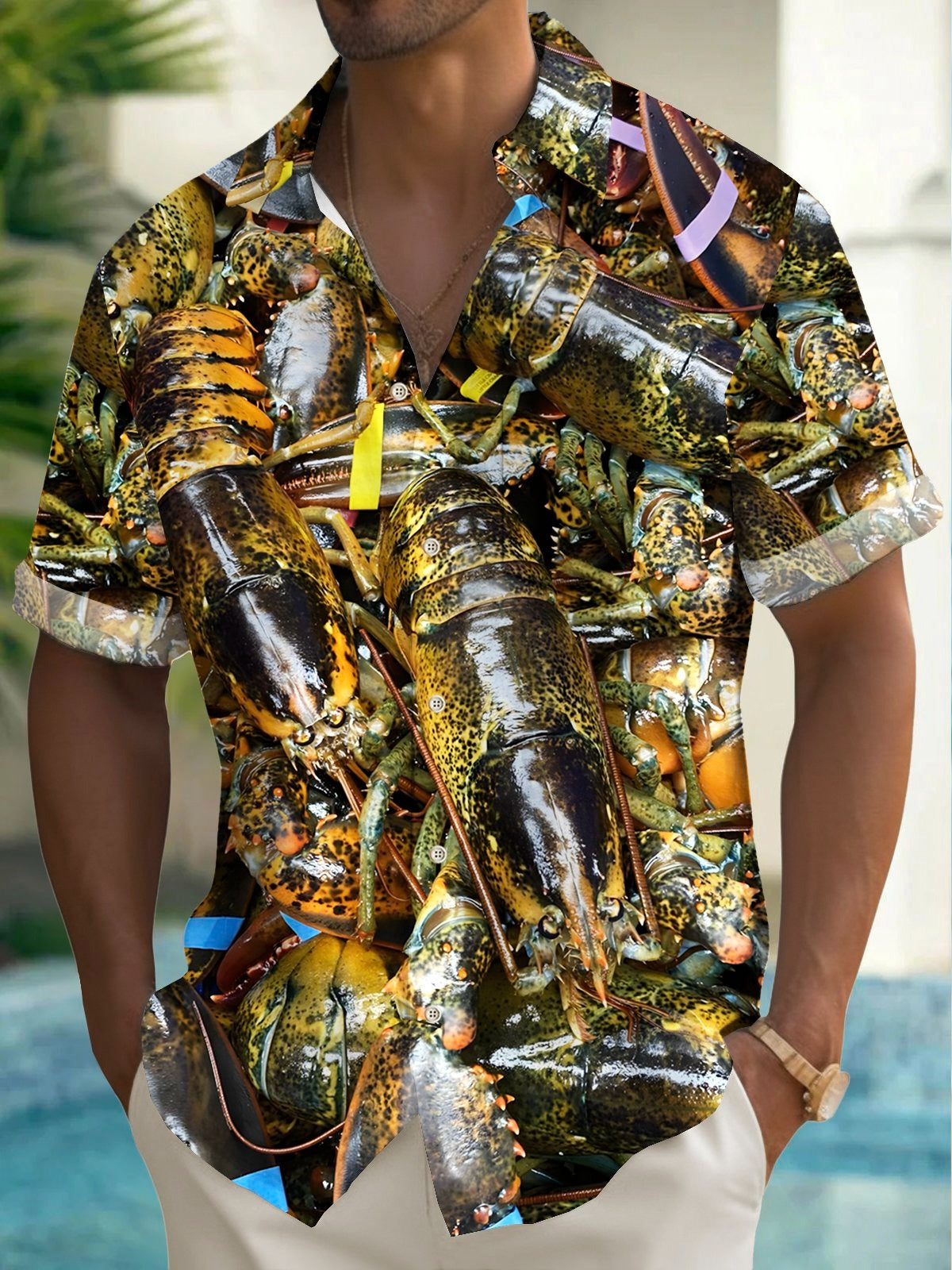 Lobster Print Men's Pocket Short Sleeve Shirts