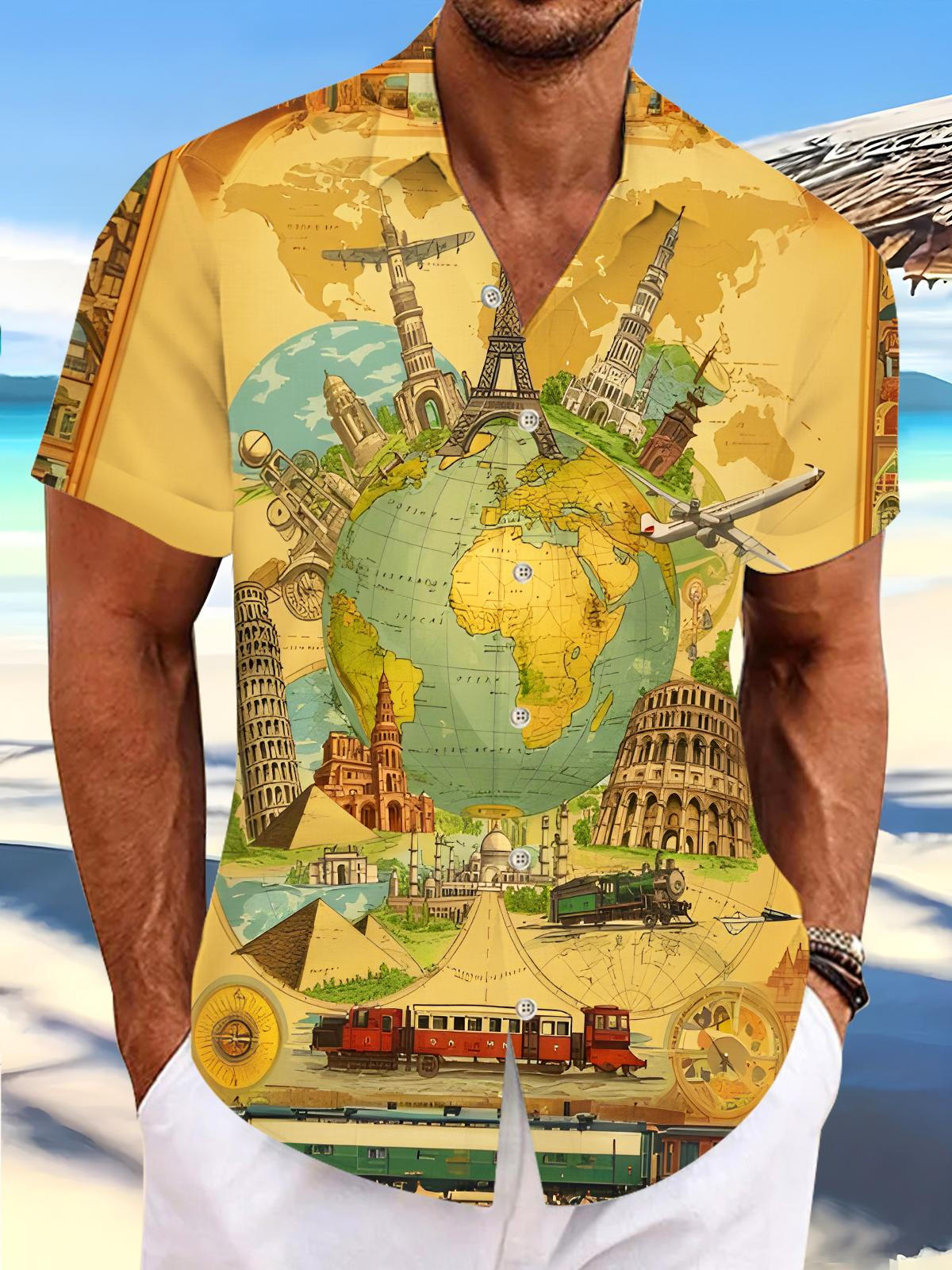 Retro Travel World Map Men's Pocket Short Sleeve Shirts