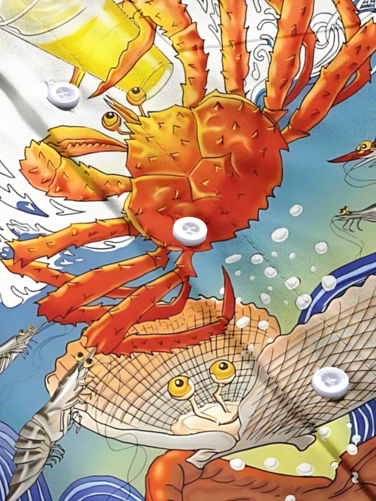 Ukiyo-e Marine Life Beer Print Men's Pocket Short Sleeve Shirts