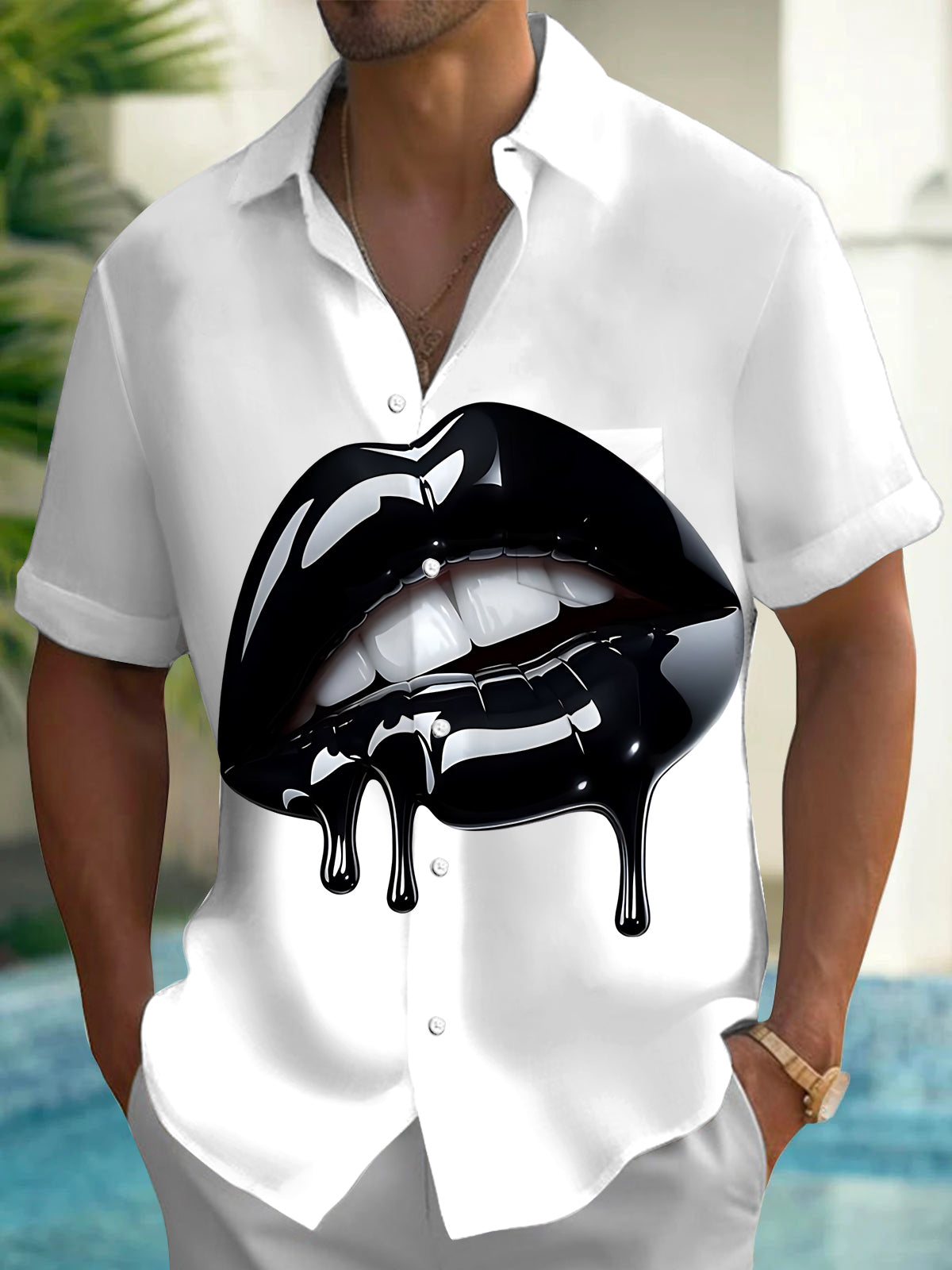 Lip Print Men's Pocket Short Sleeve Shirts