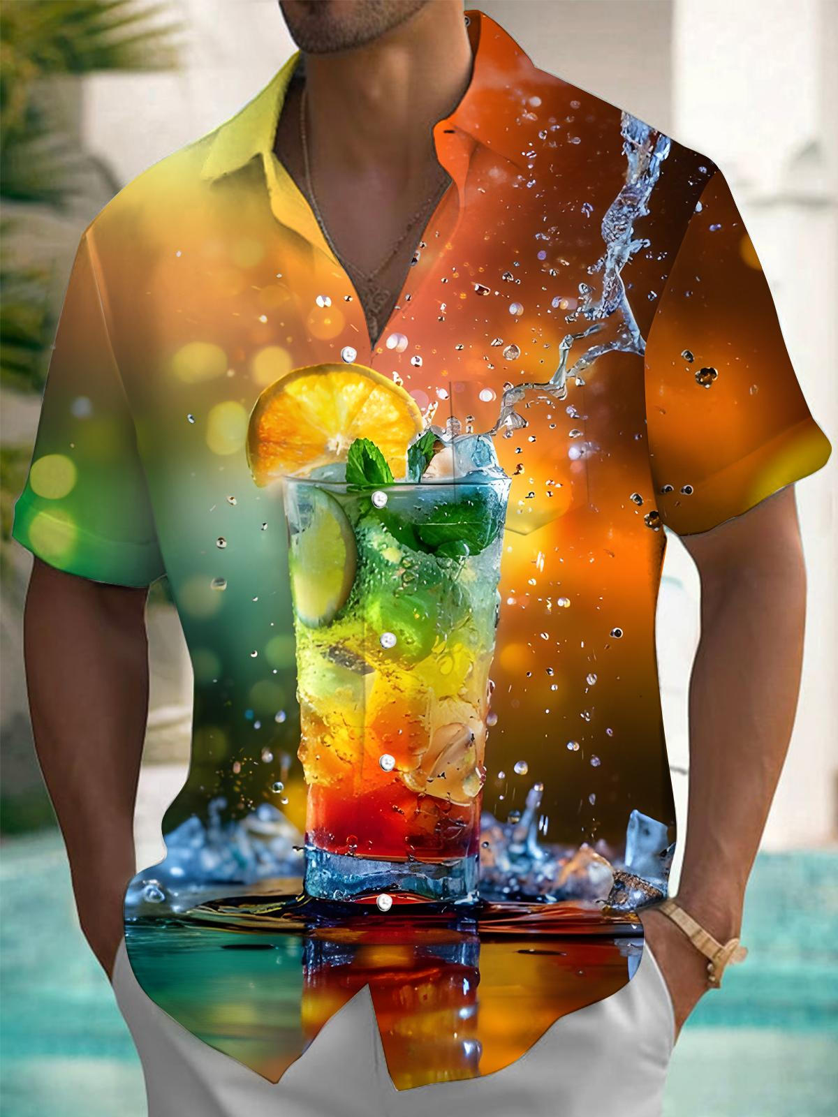 Hawaiian Cocktail Print Men's Pocket Short Sleeve Shirts