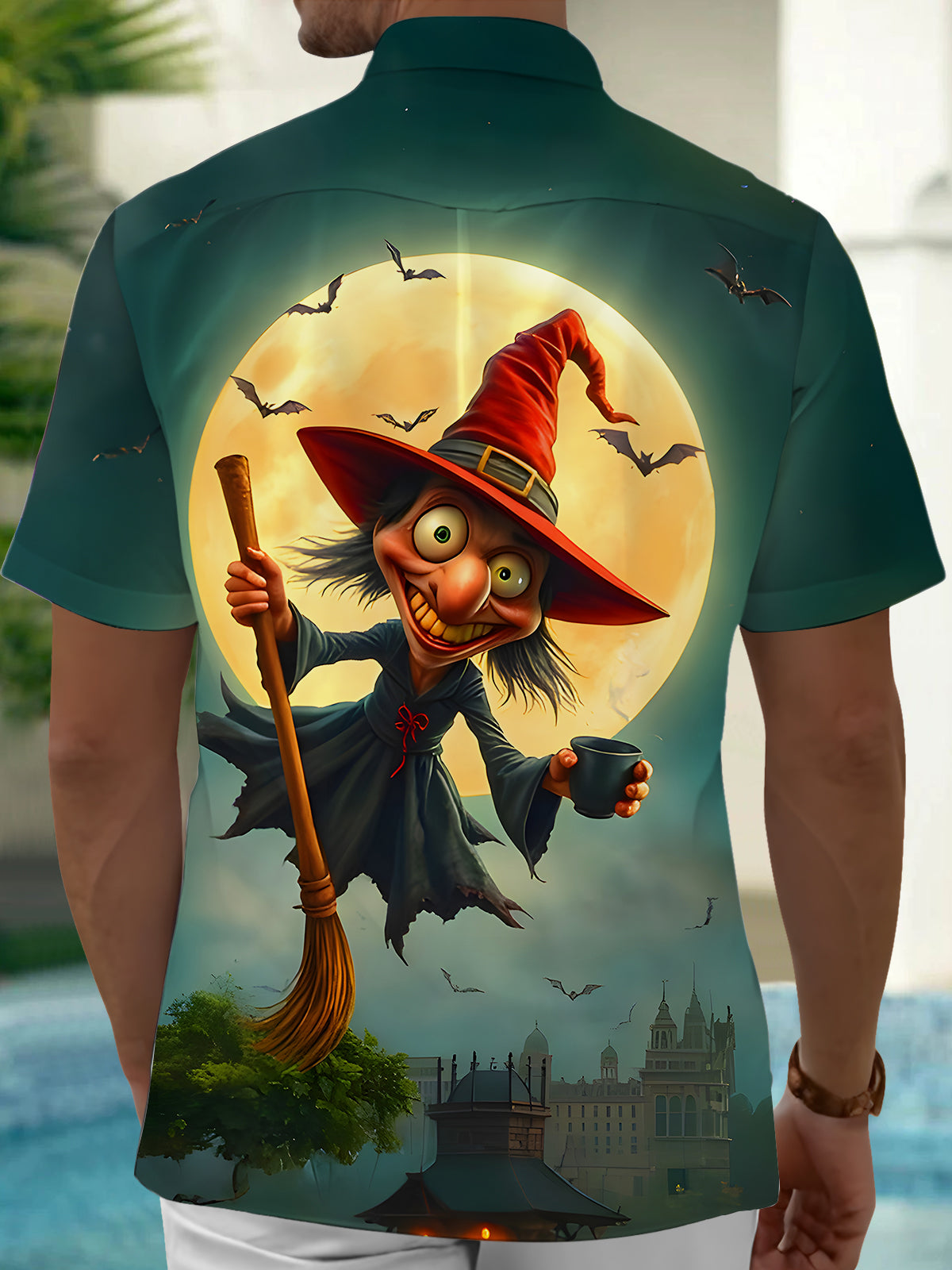 Funny Halloween Witch Moon Men's Pocket Short Sleeve Shirts