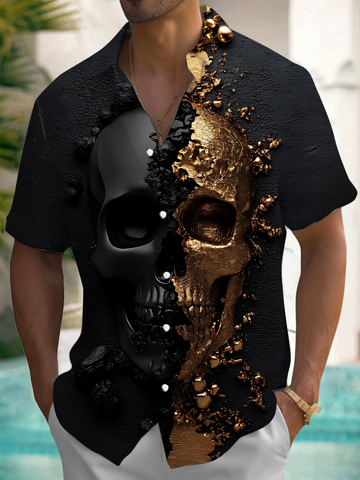 Skull Art Print Men's Pocket Short Sleeve Shirts