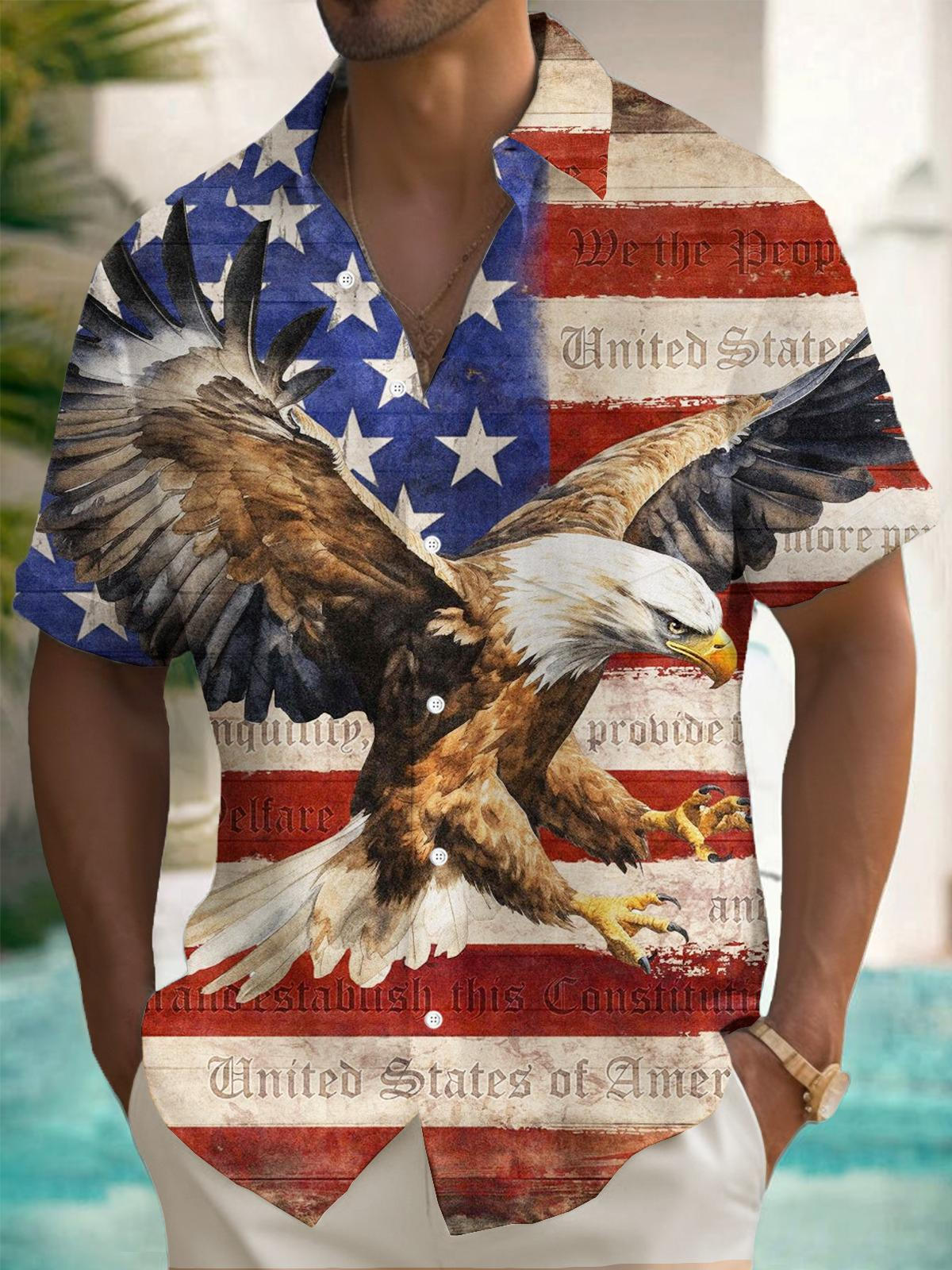 American Flag Eagle Print Men's Pocket Short Sleeve Shirts