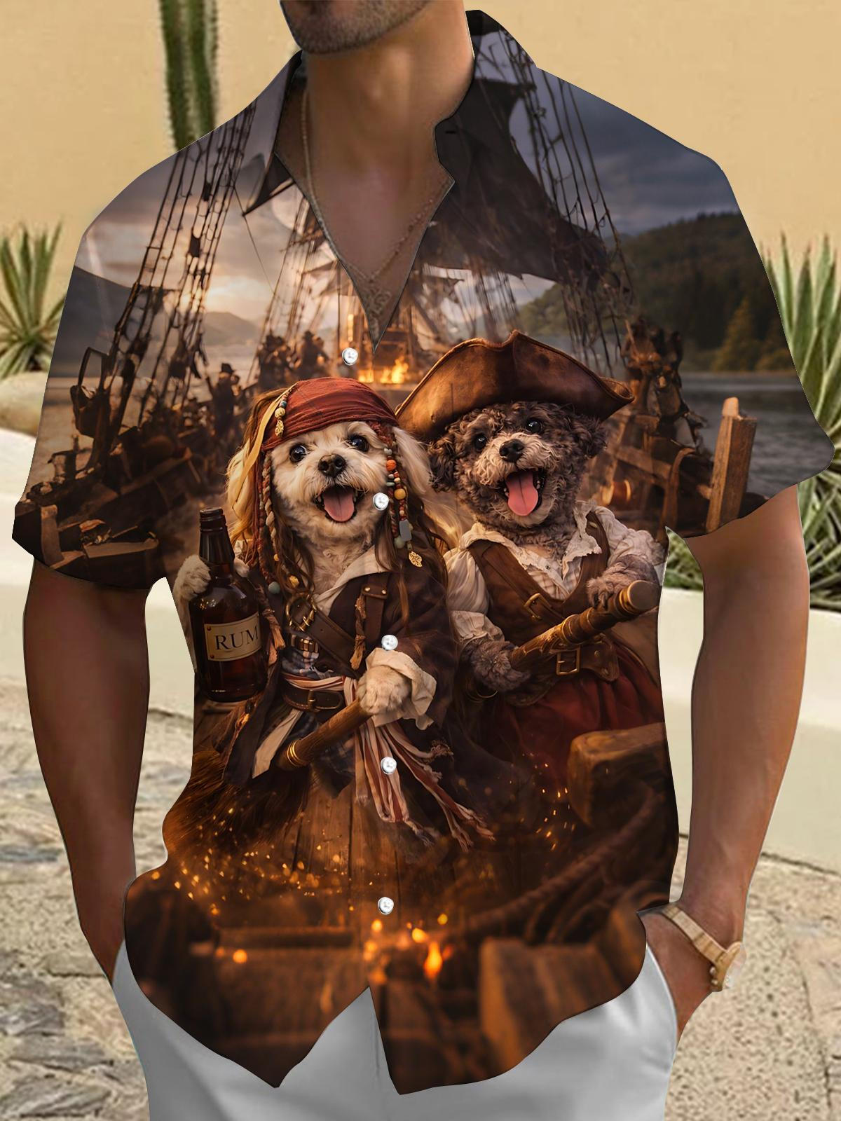 Pirate Dog Print Men's Pocket Short Sleeve Shirts