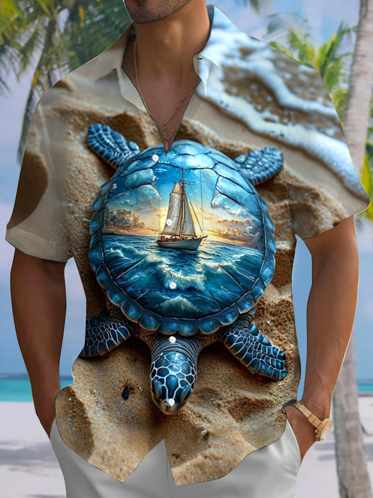 Turtle Boat Print Men's Pocket Short Sleeve Shirts