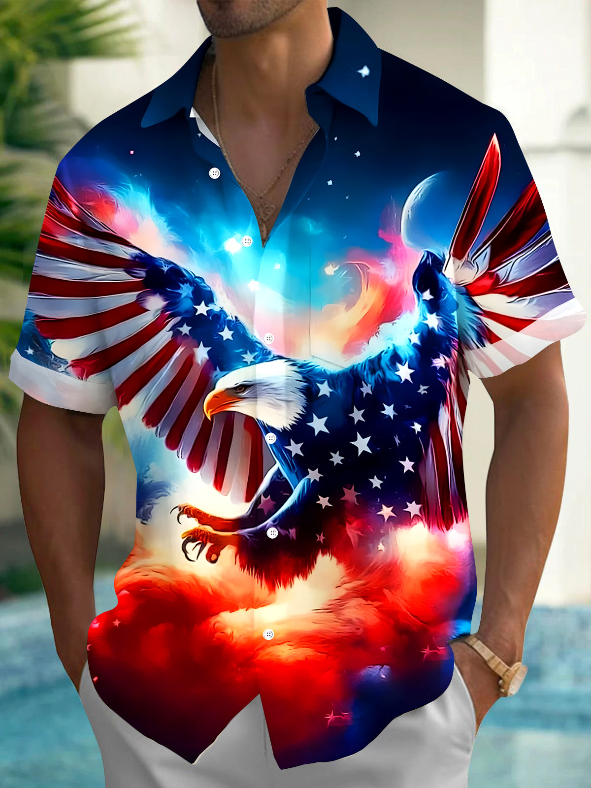 Independence Day American Flag Eagle Men's Pocket Short Sleeve Shirts