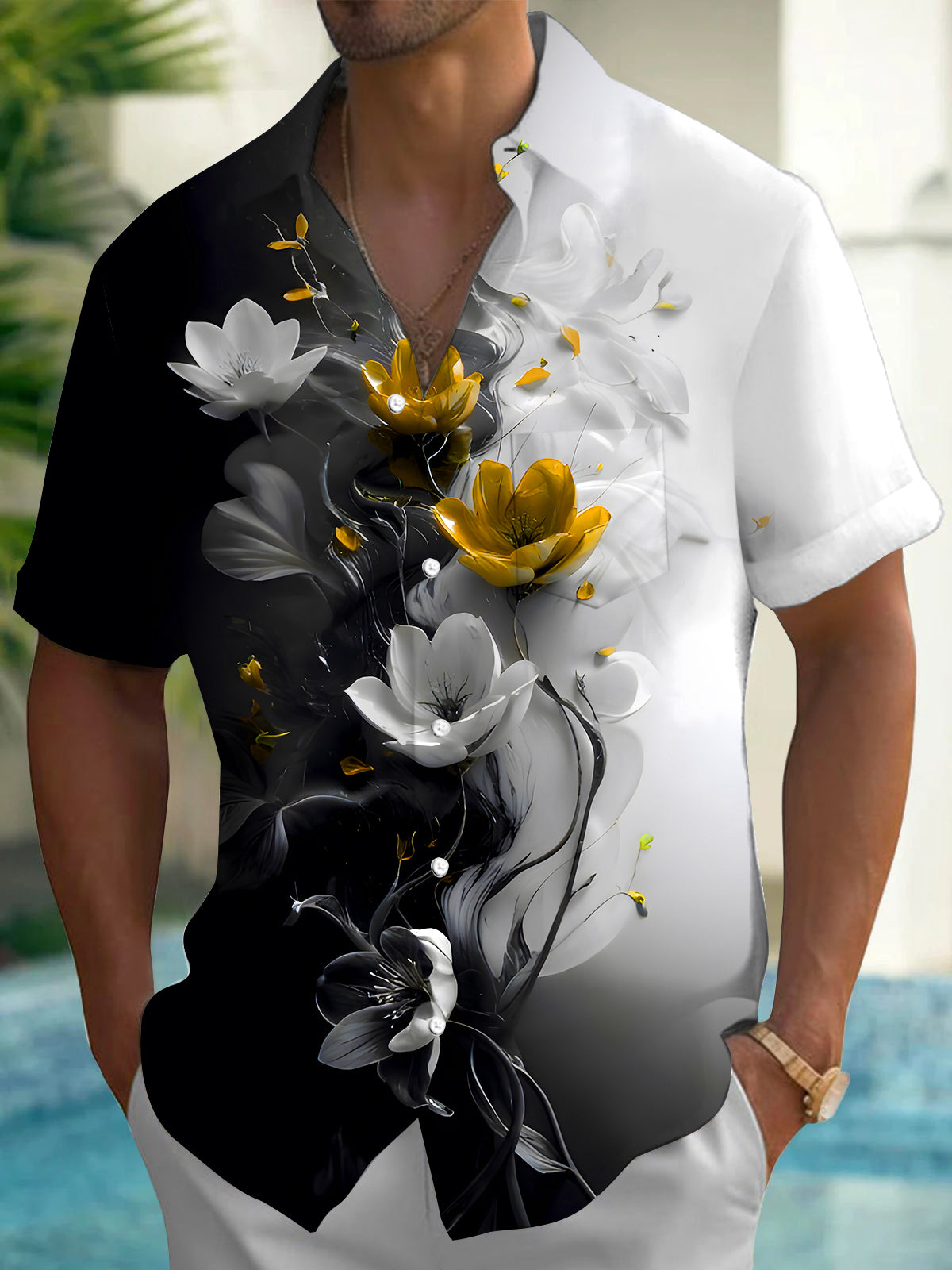 Art Black White Gradient Floral Men's Pocket Short Sleeve Shirts