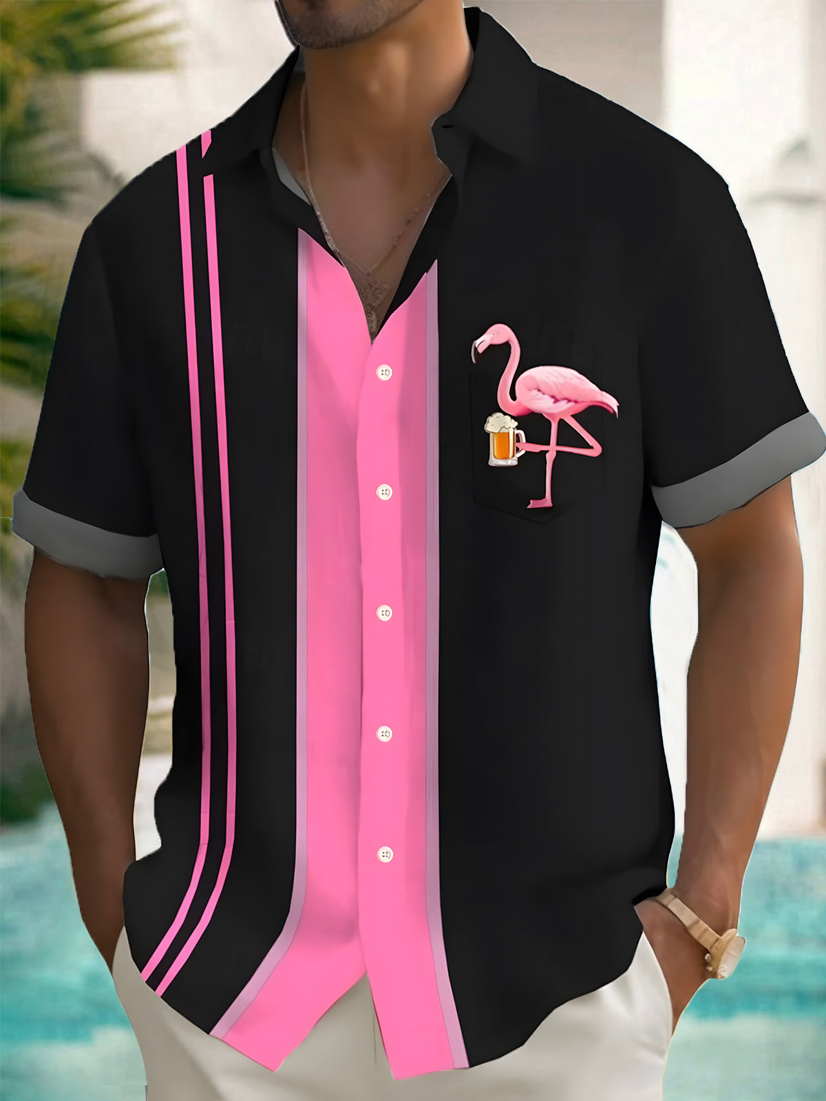 Hawaiian Flamingo Print Men's Pocket Short Sleeve Shirts