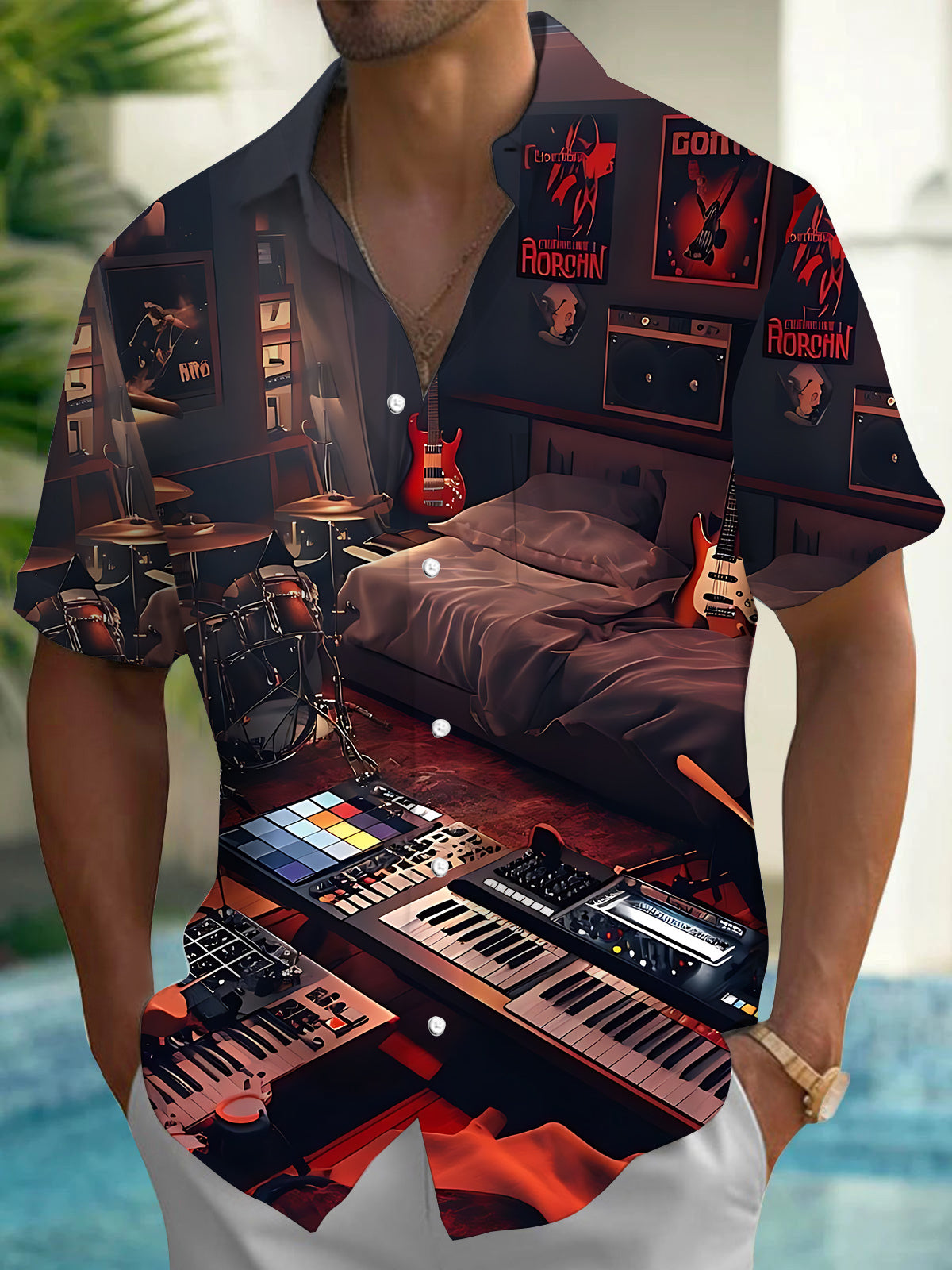 Music Studio Print Men's Pocket Short Sleeve Shirts