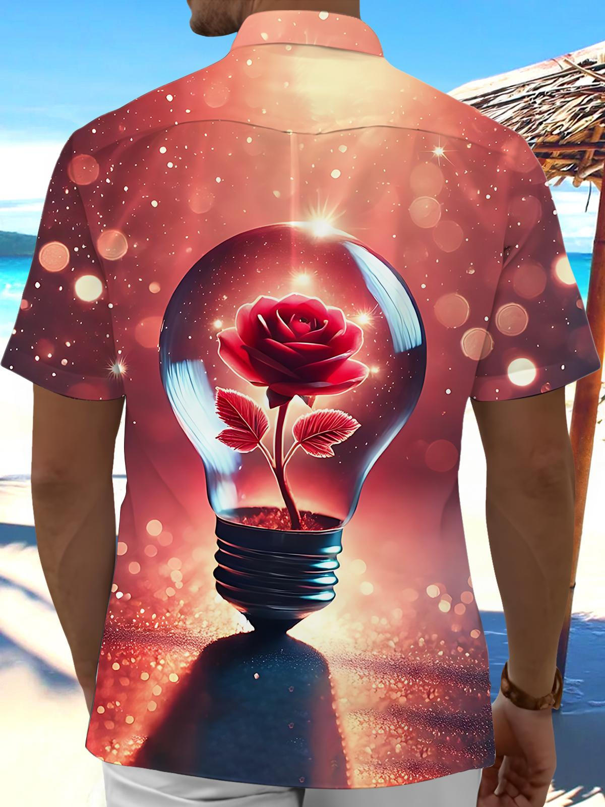 Rose Bulb Print Men's Pocket Short Sleeve Shirts
