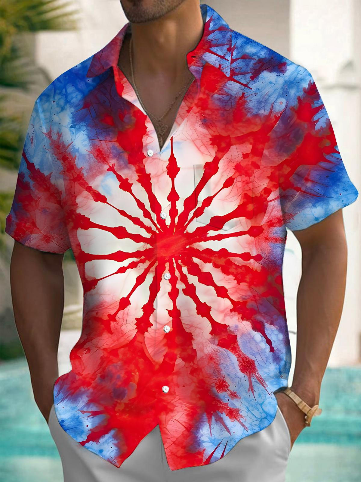 Independence Day Tie Dye Gradient Print Men's Pocket Short Sleeve Shirts