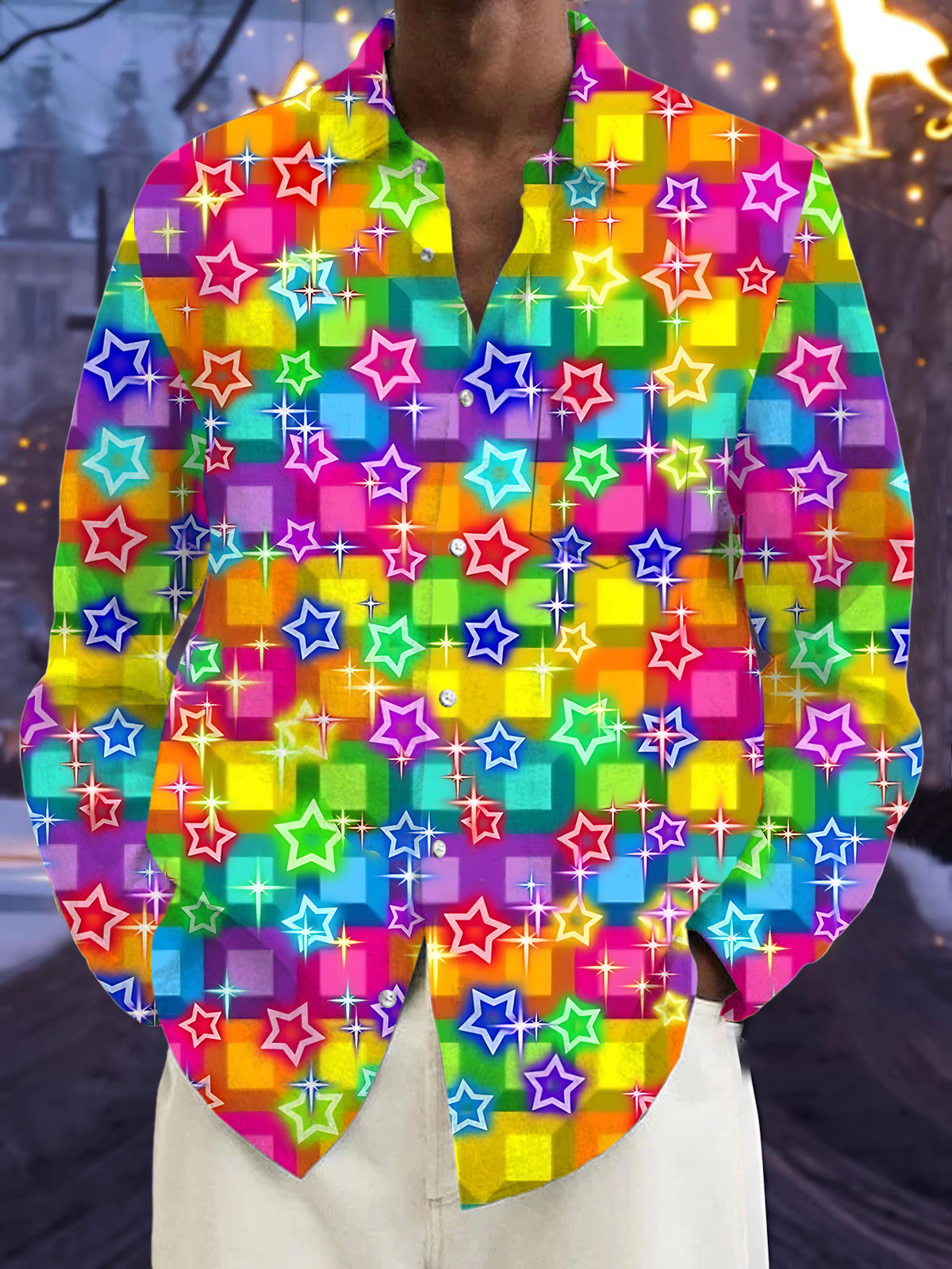 Rainbow Star Print Men's Pocket Long Sleeve Shirts