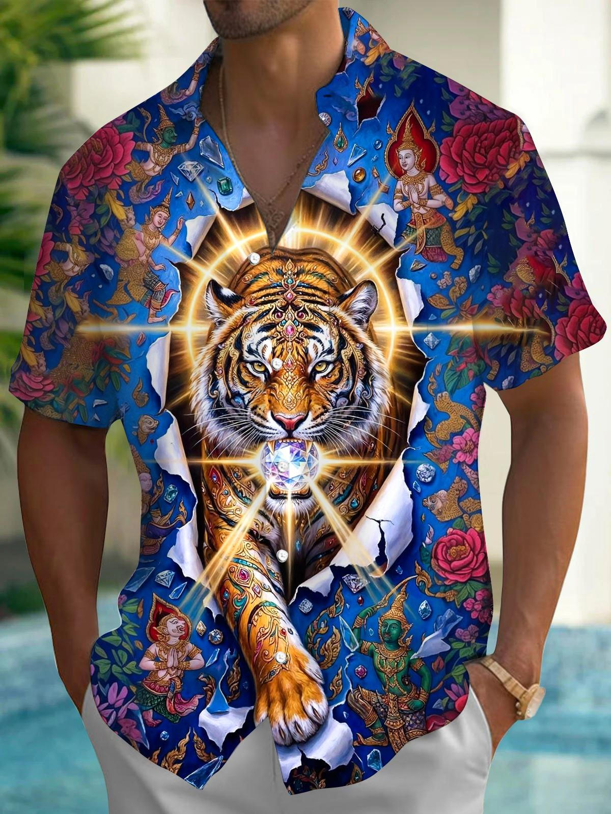 Tiger Religion Art Print Men's Pocket Short Sleeve Shirts