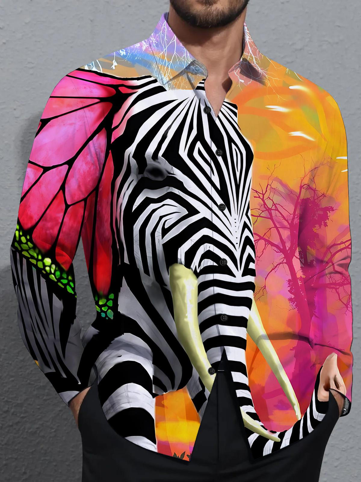 Elephant Print Men's Pocket Long Sleeve Shirts