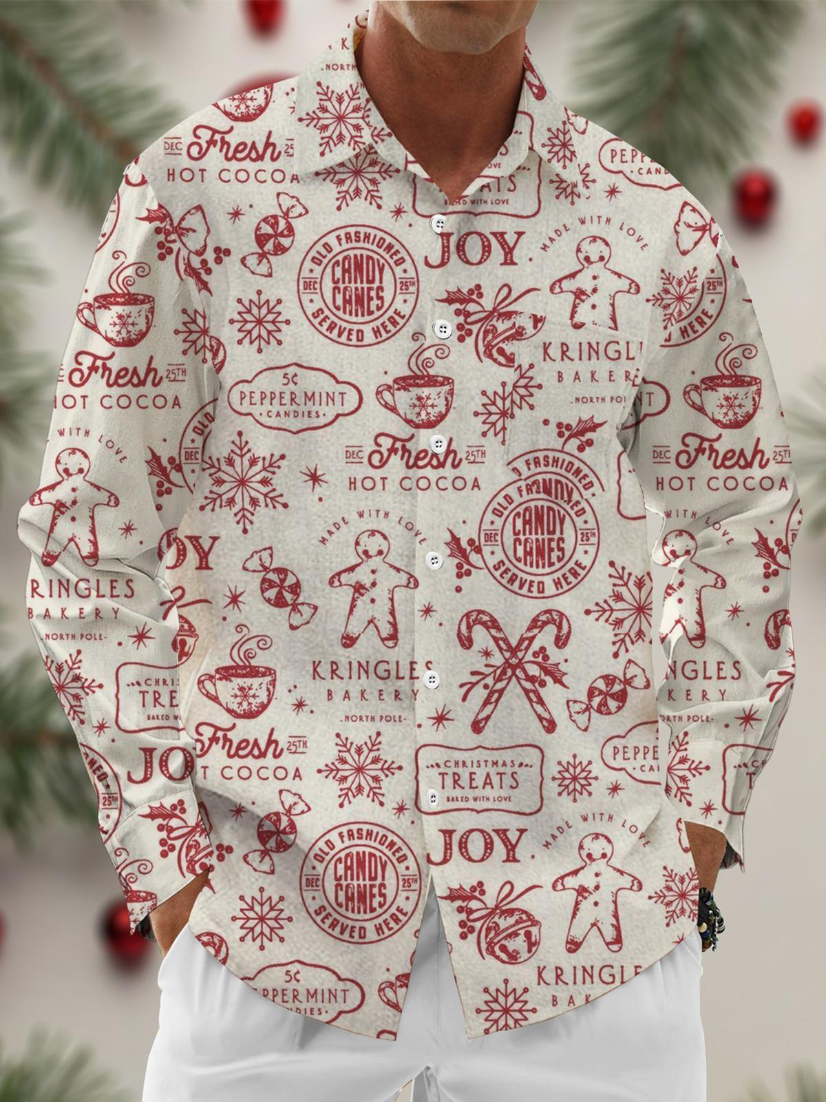 Christmas Print Men's Pocket Long Sleeve Shirts