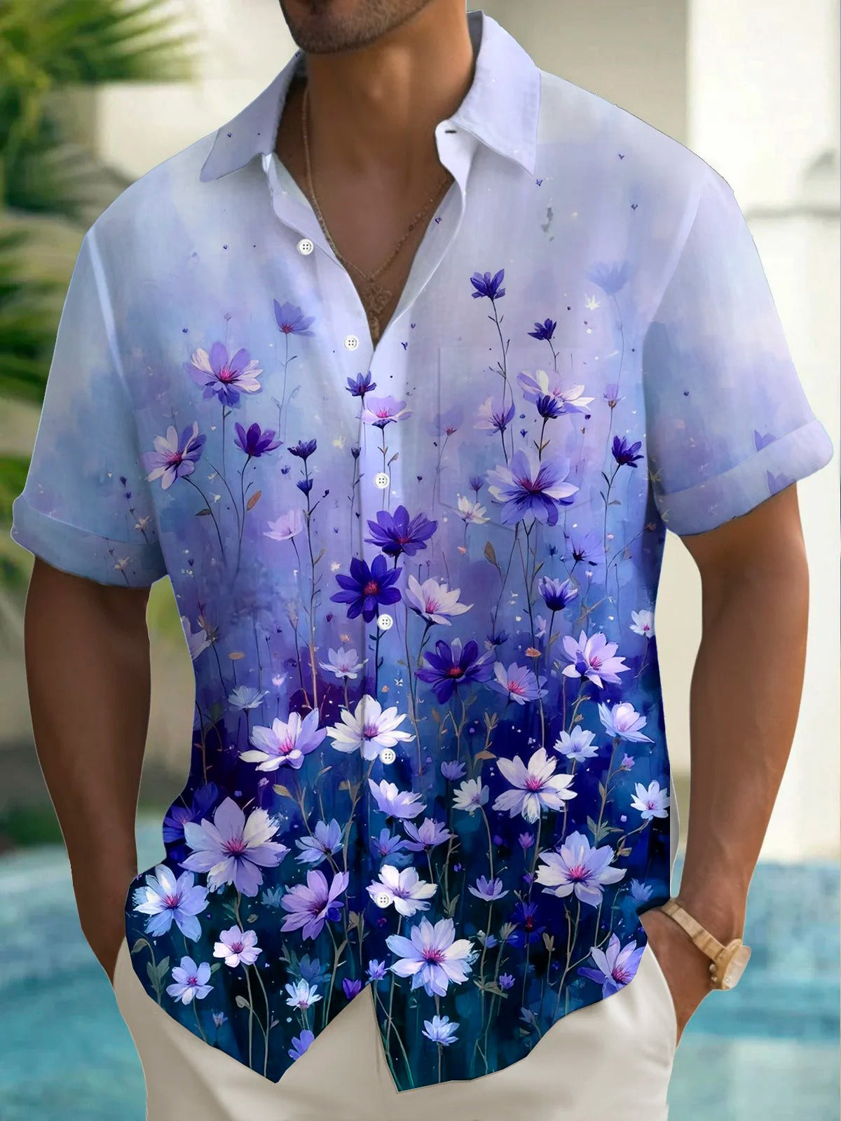 Floral Print Men's Pocket Short Sleeve Shirts