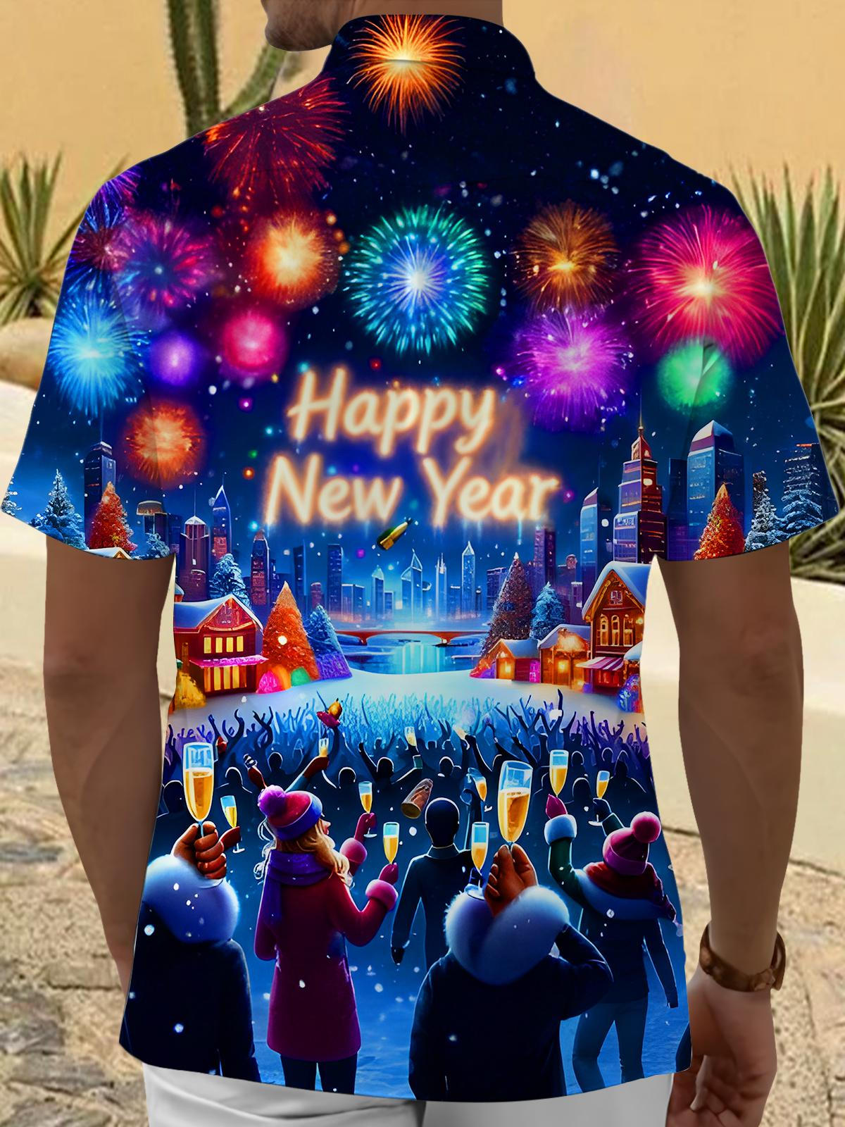 Festive Champagne Fireworks New Year Men's Pocket Short Sleeve Shirts